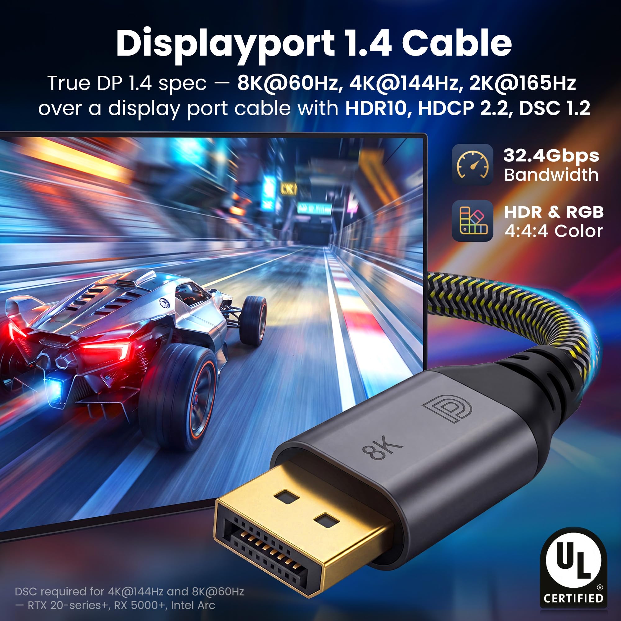 GearIT Lot de 5 câbles DisplayPort vers DisplayPort 1.4 (8K @ 60 Hz, 4K @ 144 Hz, 2K @ 165 Hz), 5 m