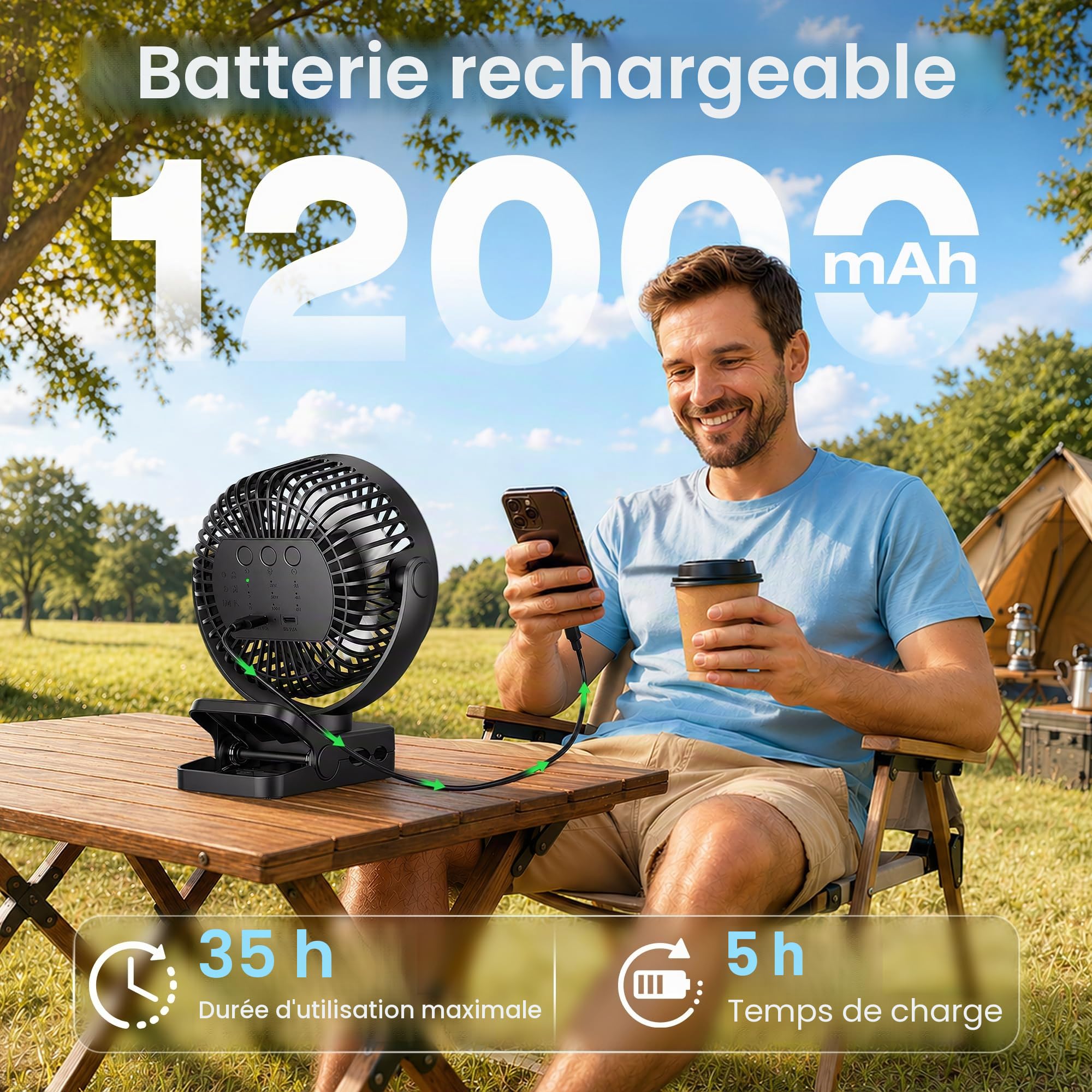 USB Ventilateur Table de 12000mAh 4-en-1 Ventilateur Portable avec Télécommande 3 Vitesses Lumière LED Minuterie 360° Rotation, Ventilateur Pince pour Camping Cuisine Bureau Poussette, Noir