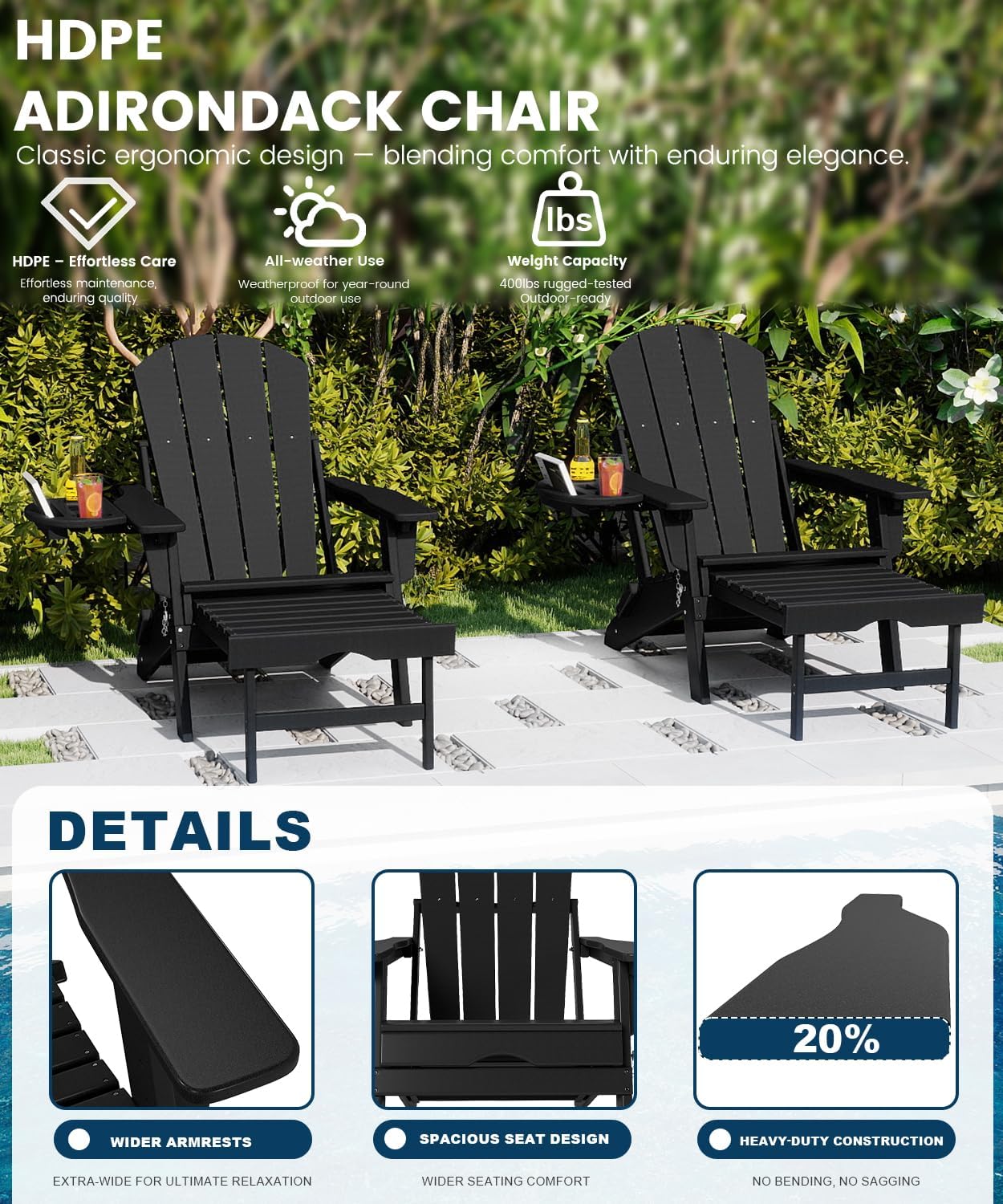 FOOWIN Folding Adjustable Adirondack Chair with Retractable Ottoman Set of 2,HDPE Adirondack Chair w/4 in 1 Cup Holder Trays,All-Weather Resistant Fire Pit Chair for Outdoor Patio Lawn, Black