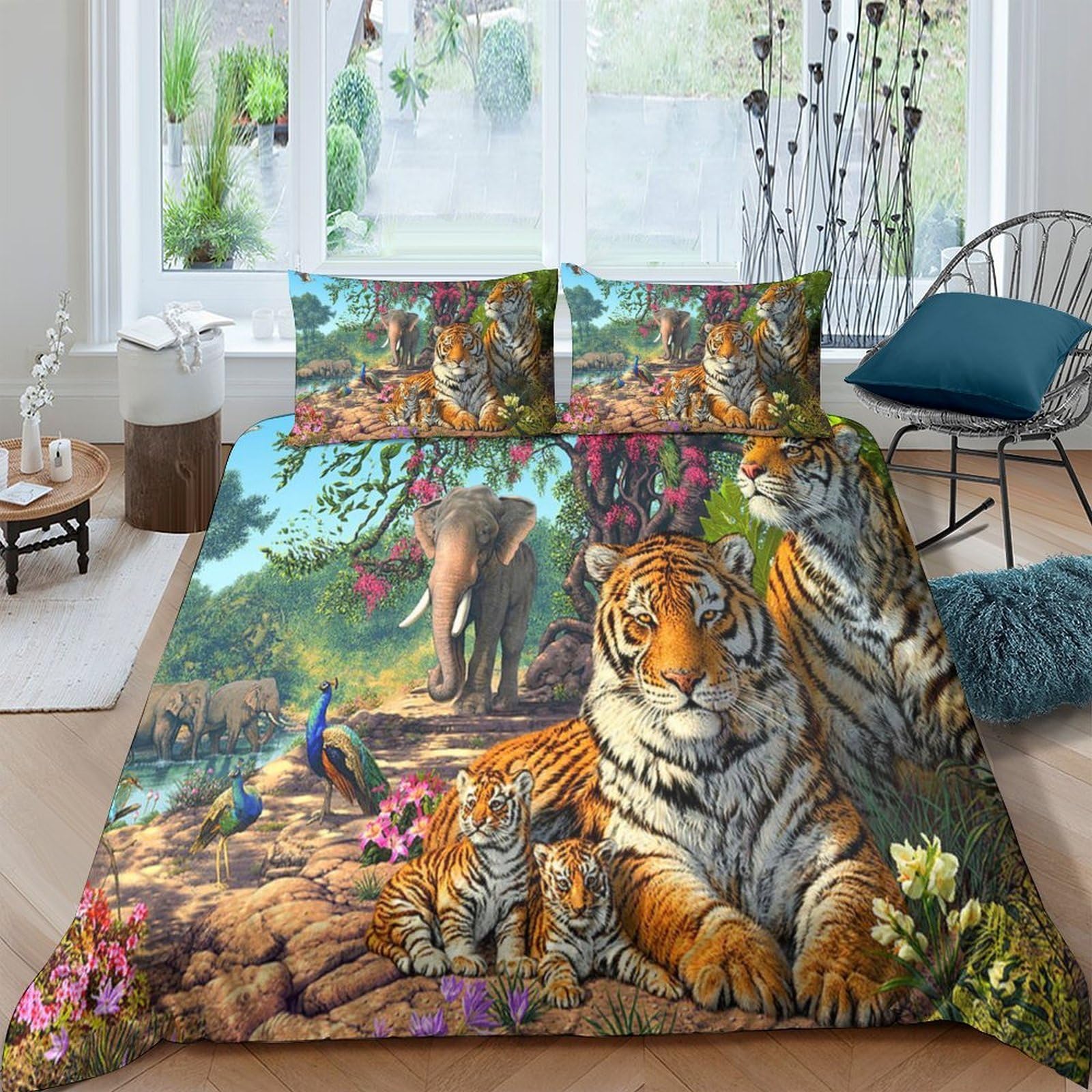 Ctjqhvkz Style-3 3D Printed Jungle Tiger Fitted Sheet Microfiber Soft Colorful Forest Animal Mattress Cover For Bedroom Decor Single（135X200cm）