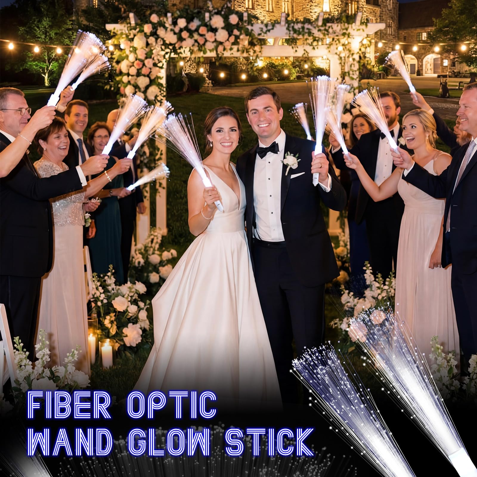 Jecery 180 varitas de fibra óptica blancas con luz LED, varita de boda con 3 modos de luz, bengalas largas intermitentes para cumpleaños, boda, despedida de soltera, suministros de fiesta que brillan