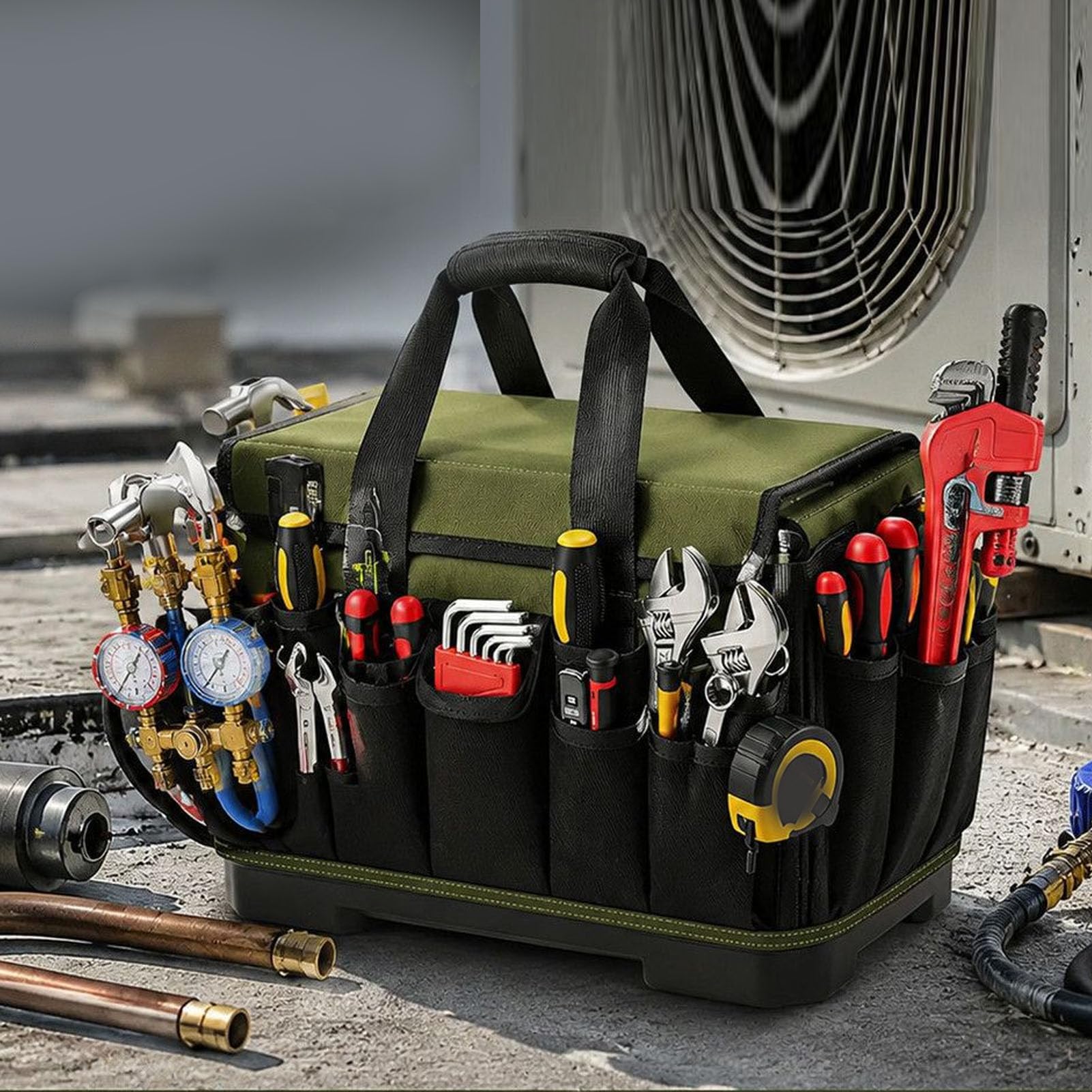 Asixxsix Torba na Narzędzia, 25L, 1680D, Odporna na Rozdarcia Tkanina Oxford, Wytrzymały Organizer Narzędzia z 46 Kieszeniami i podstawą z Tworzywa Sztucznego PP, Organizer w Skrzynce