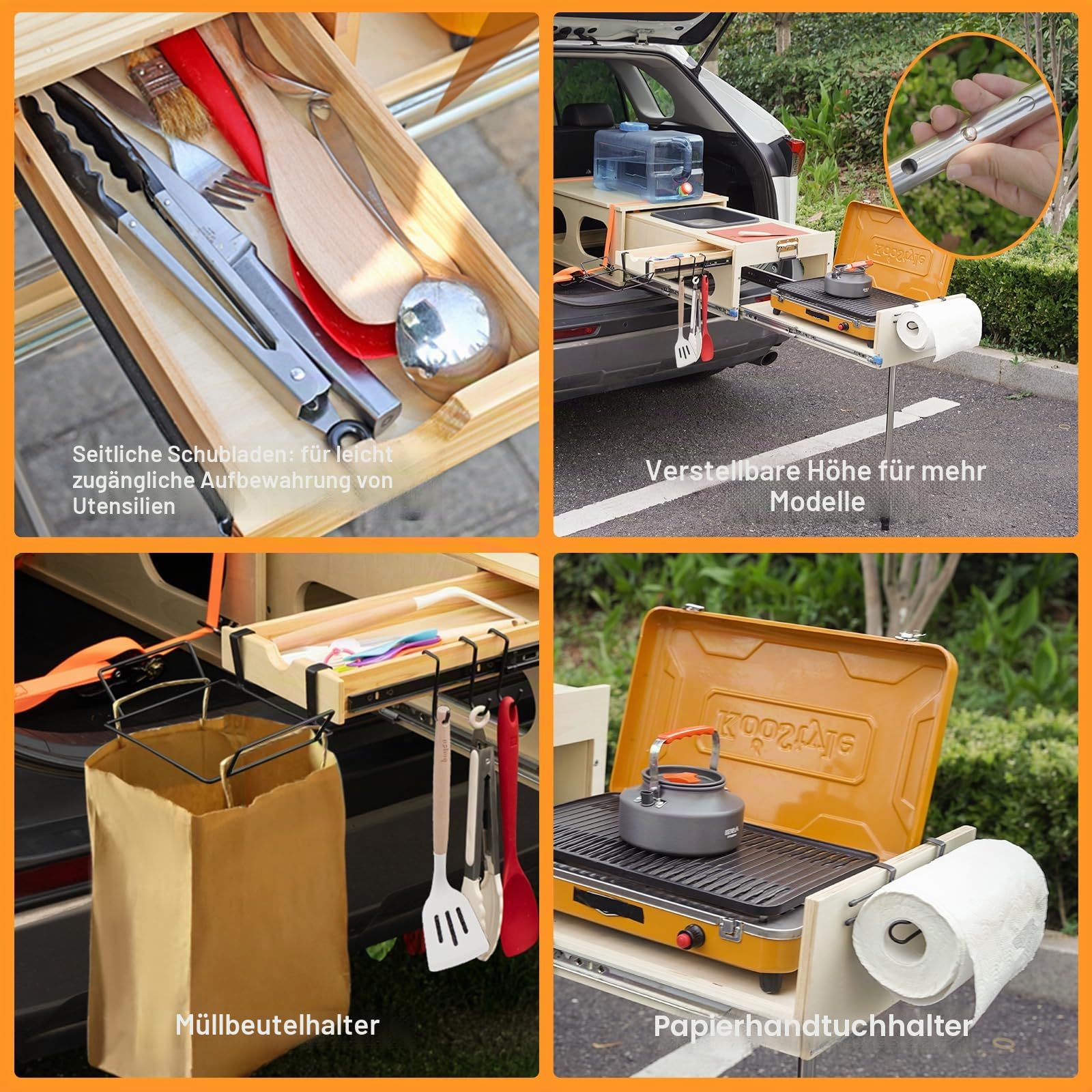Overland Küchen-Ausziehsystem, All-in-One Camping-Küchenbox mit Spüle, Schneid- und Kochfunktionen, zusammenklappbarer Campingtisch für SUV, Overlanding & Autocamping, schnelles 1
