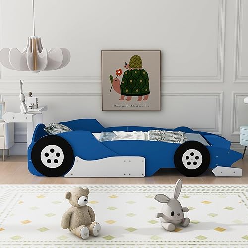 Miniatura 30 de Cama de plataforma en forma de auto de carreras con ruedas, cama de plataforma de madera tamaño individual con barandilla, cama de plataforma para