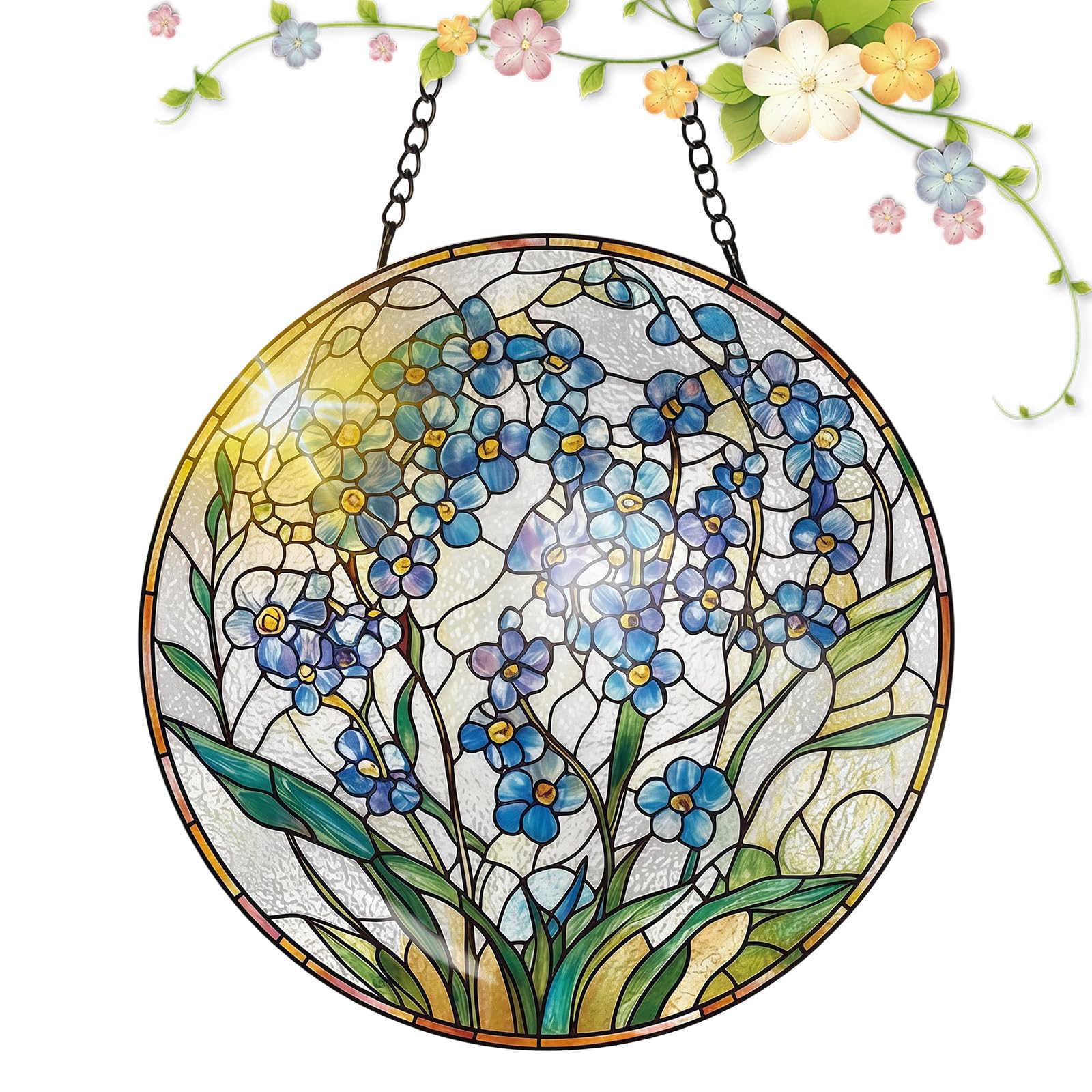 Xqmmgo Women's Flower Forget-Me-Not Suncatcher Window Hanging, 20X20cm Stained Glass Effect Sun Catcher, High-Transparency Acrylic Window Art Decor With Chain, Garden Ornament, Birthday Gifts For Mum (Flower)