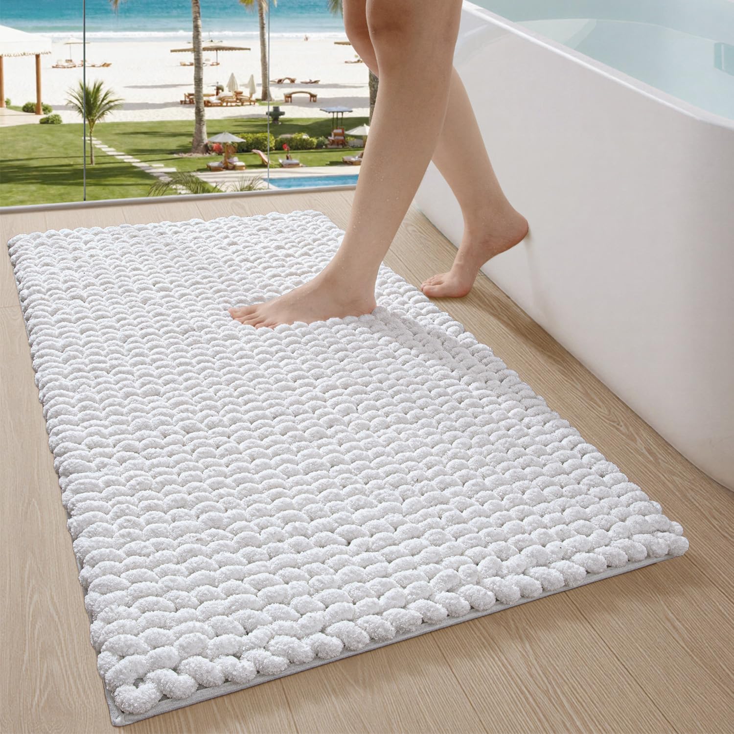LUMI Luxury Chenille Bath Mat, Ultra Soft Non Slip Thick Bathroom Rug, Machine Washable Quick Dry Rugs, Cozy Braid Design Floor Mat for Bathtub, Sink, Laundry, White, 60x90cm