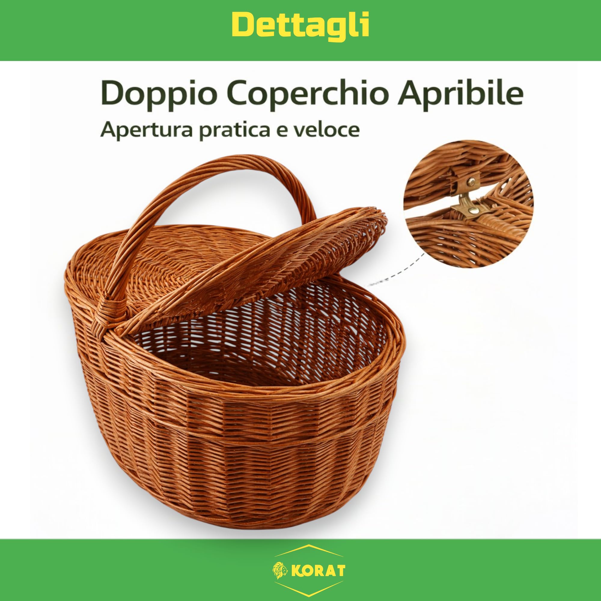 KORAT - Cestino Picnic in Vimini con Coperchio Doppio Apribile, Cesto Porta Funghi e Picnic, Manico Robusto, Vimini Naturale, 40x32x37 cm