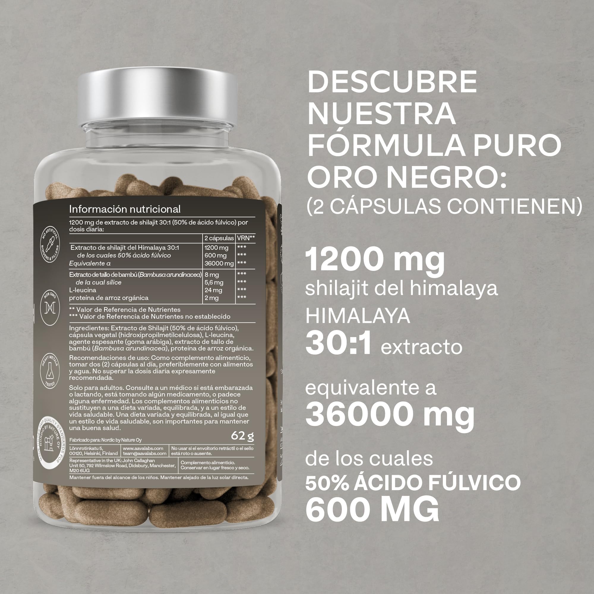 Shilajit Puro del Himalaya -36,000mg (Extracto 30:1) - 90 Shilajit Capsulas (No Shilajit Gummies) - con 50% de Acido Fulvico - Más Conveniente que el Resina de Silajhit - Rico en Minerales Traza