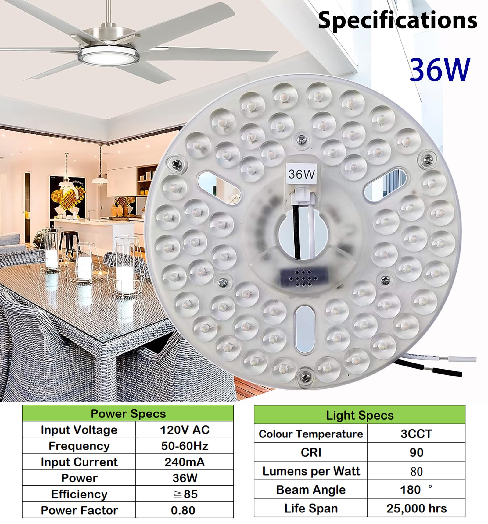 Kit de luz de ventilador de techo de 36 W y 6.4 pulgadas, repuesto de luz LED para panel de disco de motor para luz de techo empotrada, 3 CCT regulable 5