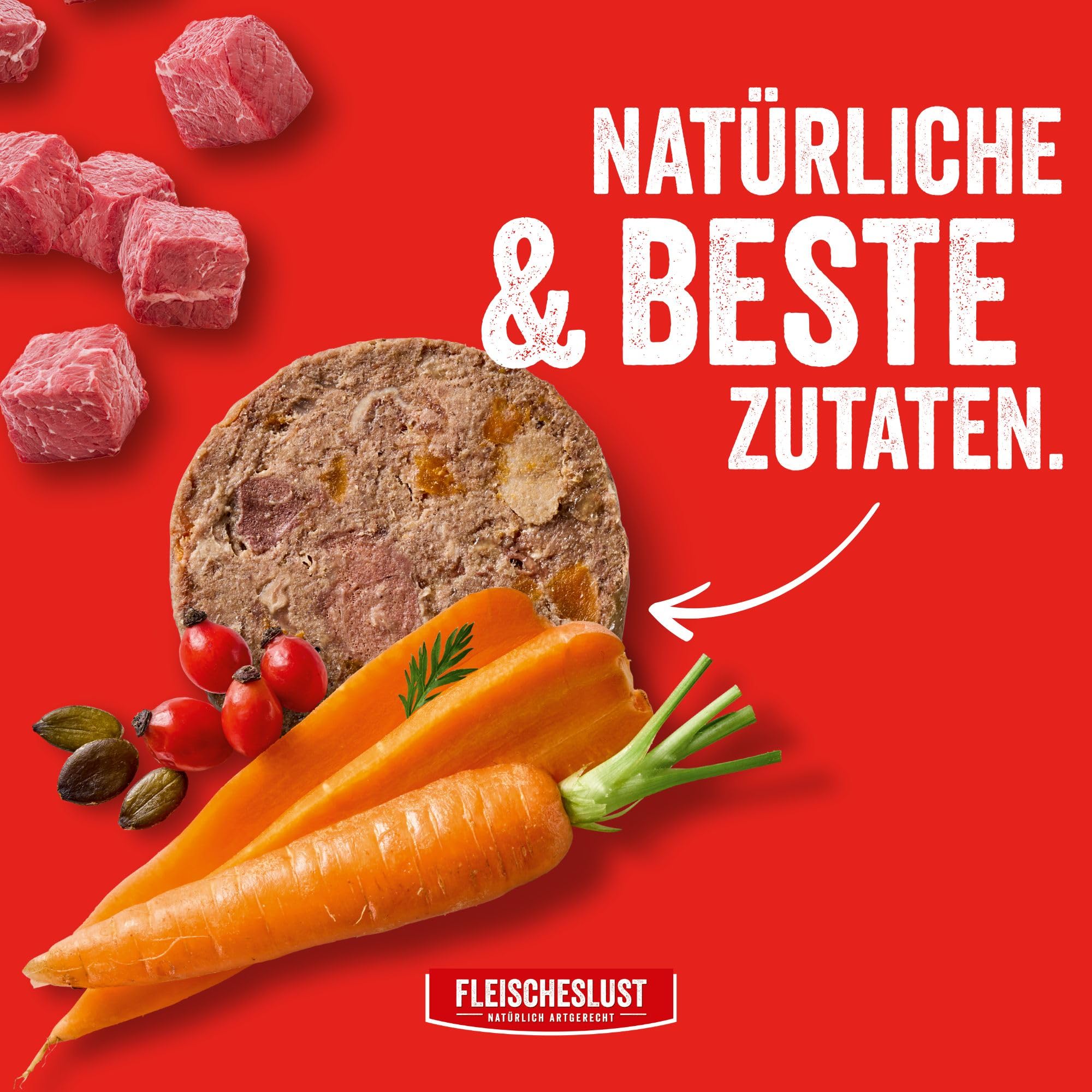 Fleischeslust Hundewurst | Zartes Rind mit Karotte, Hagebutte & Kürbiskernen | Futterbox (6x800g) | Nassfutter | schnittfest | getreidefrei | Alleinfuttermittel für ausgewachsene Hunde