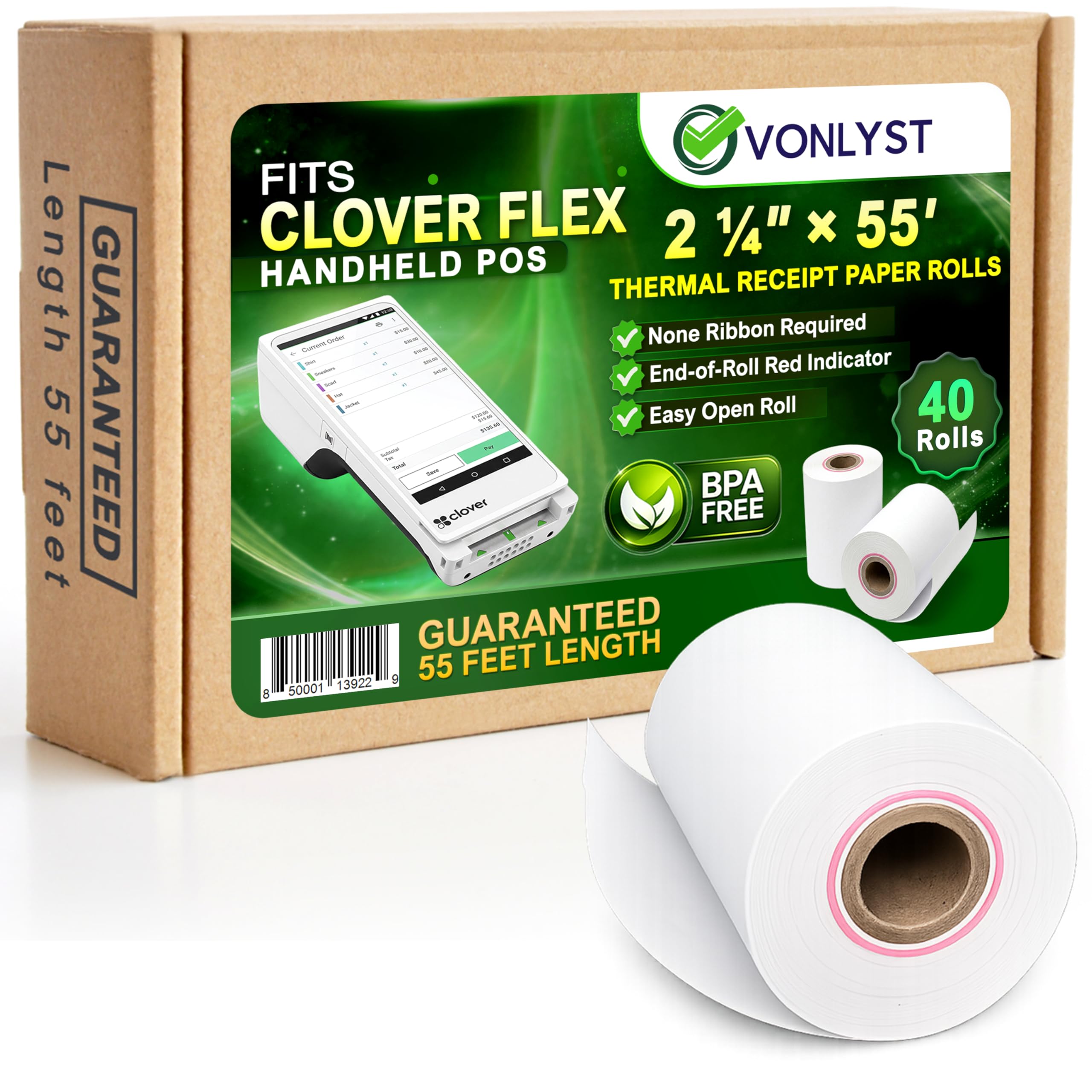 Vonlyst Clover Flex Paper Rolls 2 1/4" x 55’ Thermal Receipt Paper – 40 Rolls Pack - BPA Free POS Printer & Credit Card Machine Compatible C400 C401 C403 C405 C406