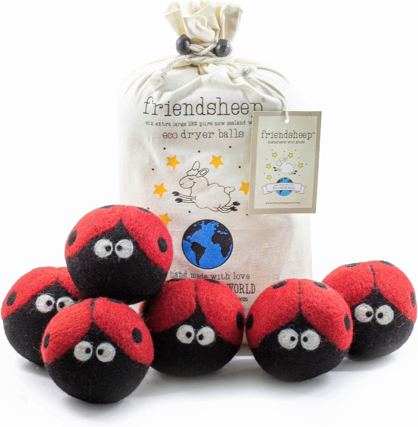 Friendsheep Wool Dryer Balls, Organic Reusable Fabric Softener Alternative for Laundry, Handmade, Fair Trade, Hypoallergenic, Eco-Friendly, Plastic-Free (6 Pack XL – Ladybugs)