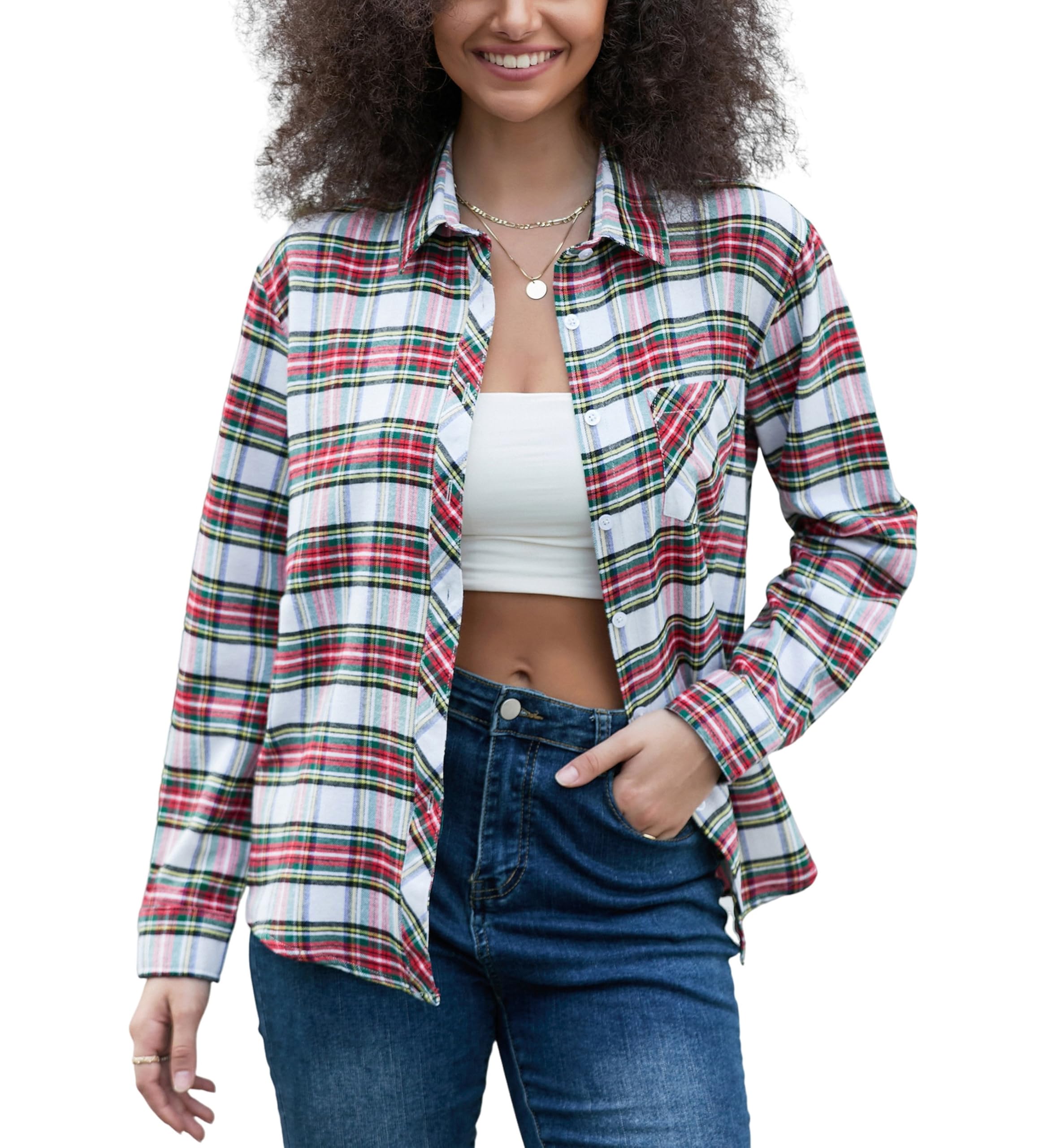 SANGTREE Womens and Girls Long Sleeve Flannel Shirt Plaid Button Down Shirt