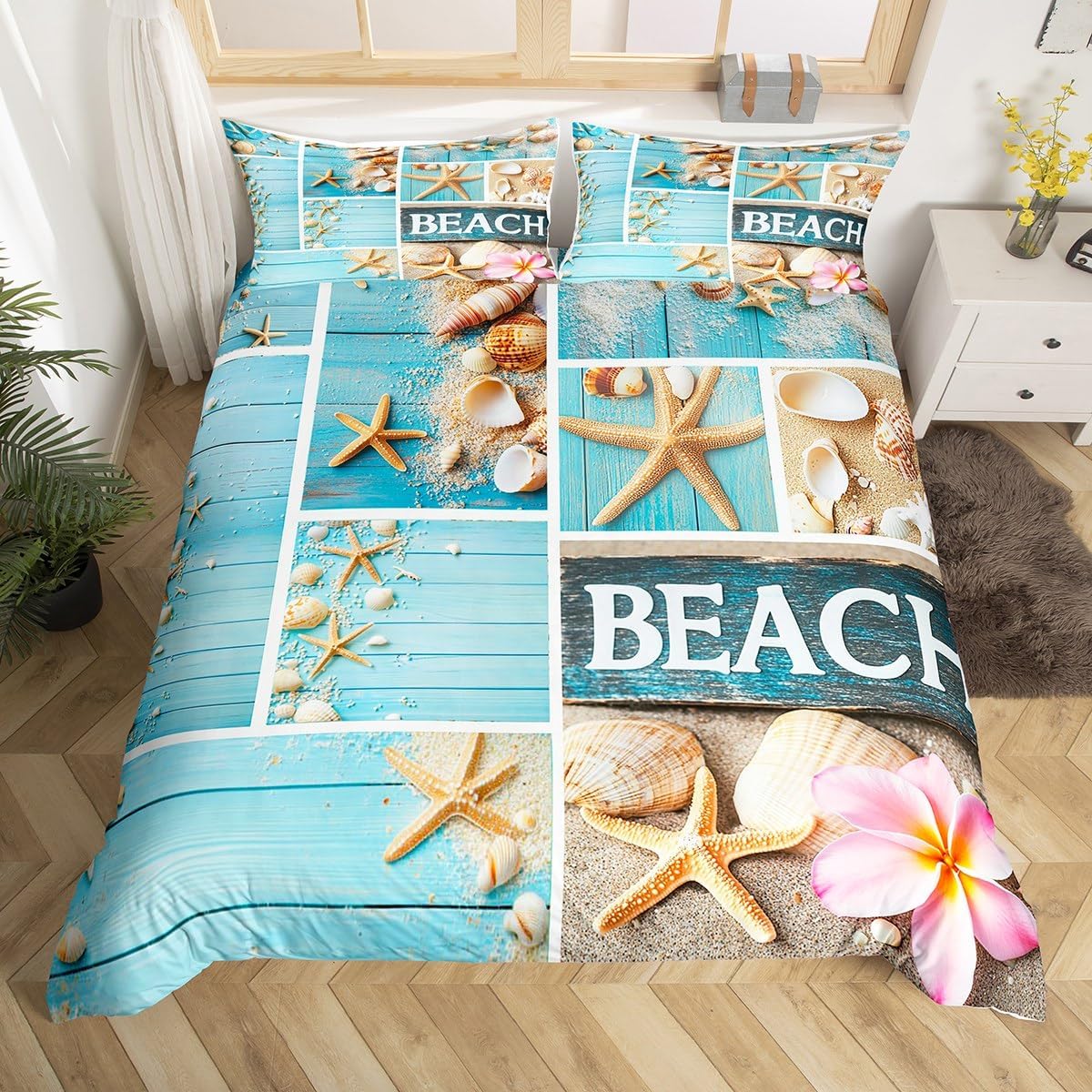 Erosebridal Hawaii Bedding Sets Queen Starfish Seashell Comforter Cover Pink Cherry Blossom Bed Sets Coastal Sealife Patchwork Duvet Cover Farmhouse Decor Lodge Cabin Quilt Cover 3Pcs (No Comforter)