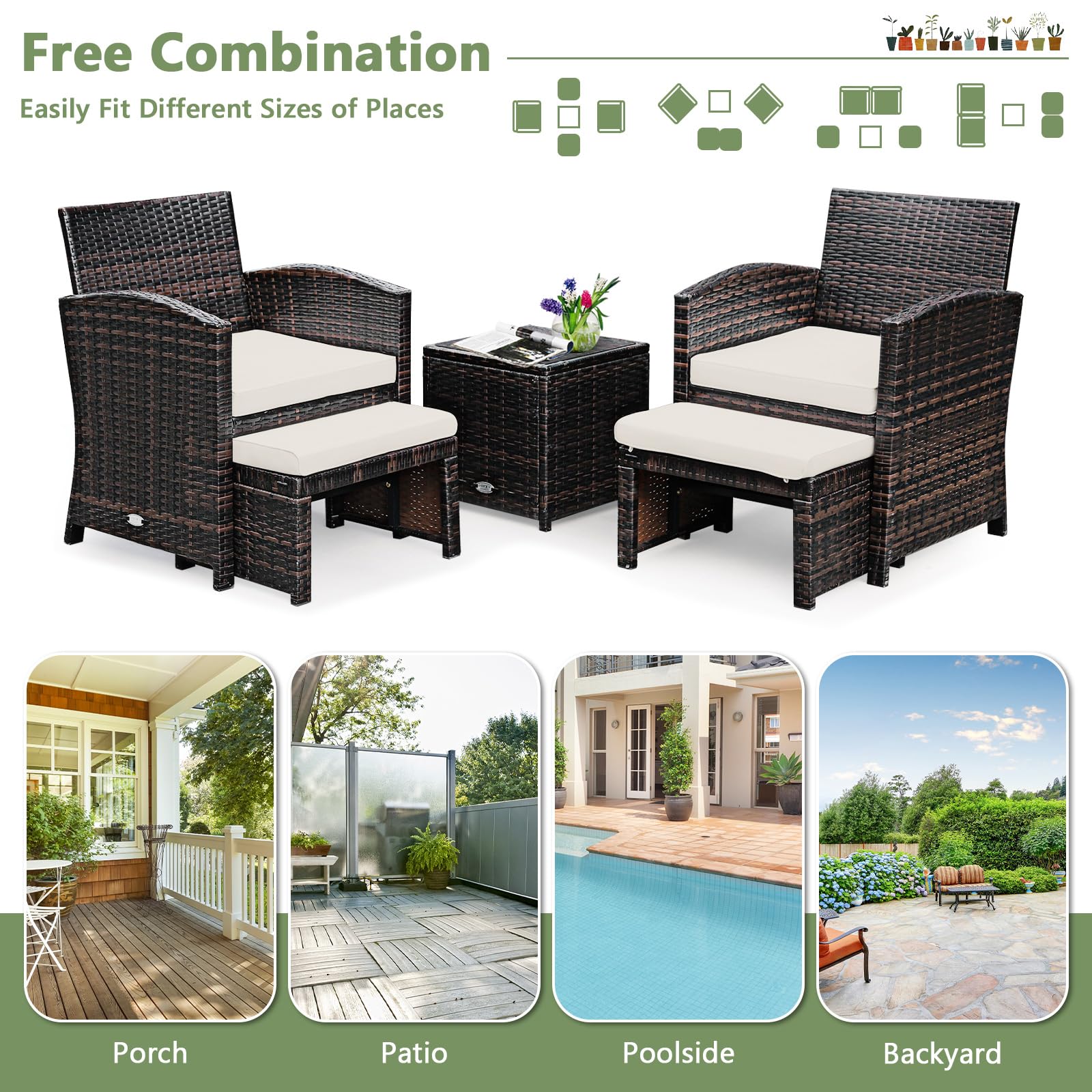 GIANTEX Salotto da Giardino in Rattan, Set da 2 Poltrone e 2 Poggiapiedi e 1 Tavolino da Caffè, Carico Massimo per Sedia 160 kg, Carico del Tavolo 30 kg, 2 Colori (Bianco)