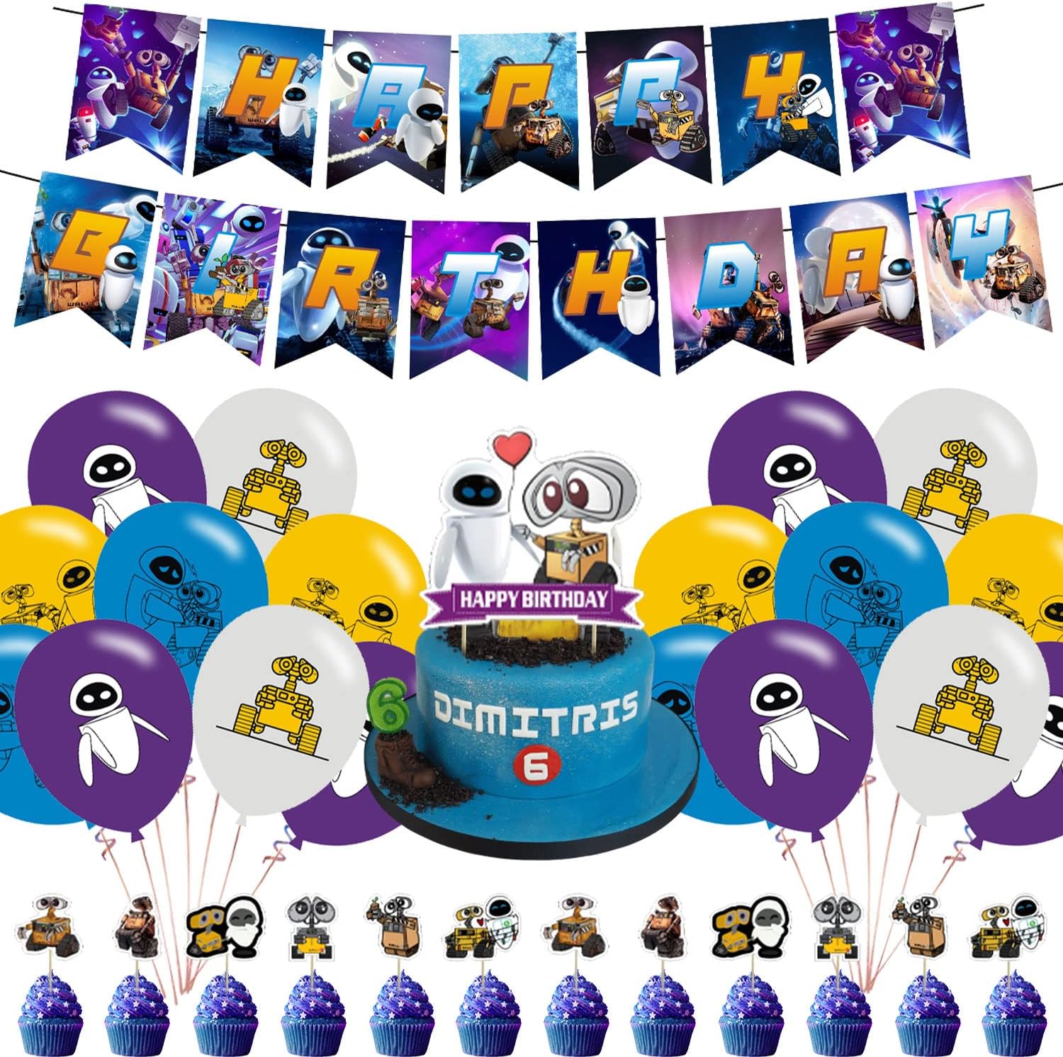 Walle Science Fiction Party Supplies with Happy Birthday Banner, Cupcake Cake Toppers, Balloons for Fans Birthday Party Baby Shower Decorations