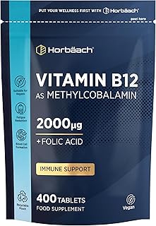 Vitamin B12 Tablets High Strength 2000mcg with Folic Acid | 400 Count | Vitamin B12 as Methylcobalamin | Vegan Supplement | by Horbaach