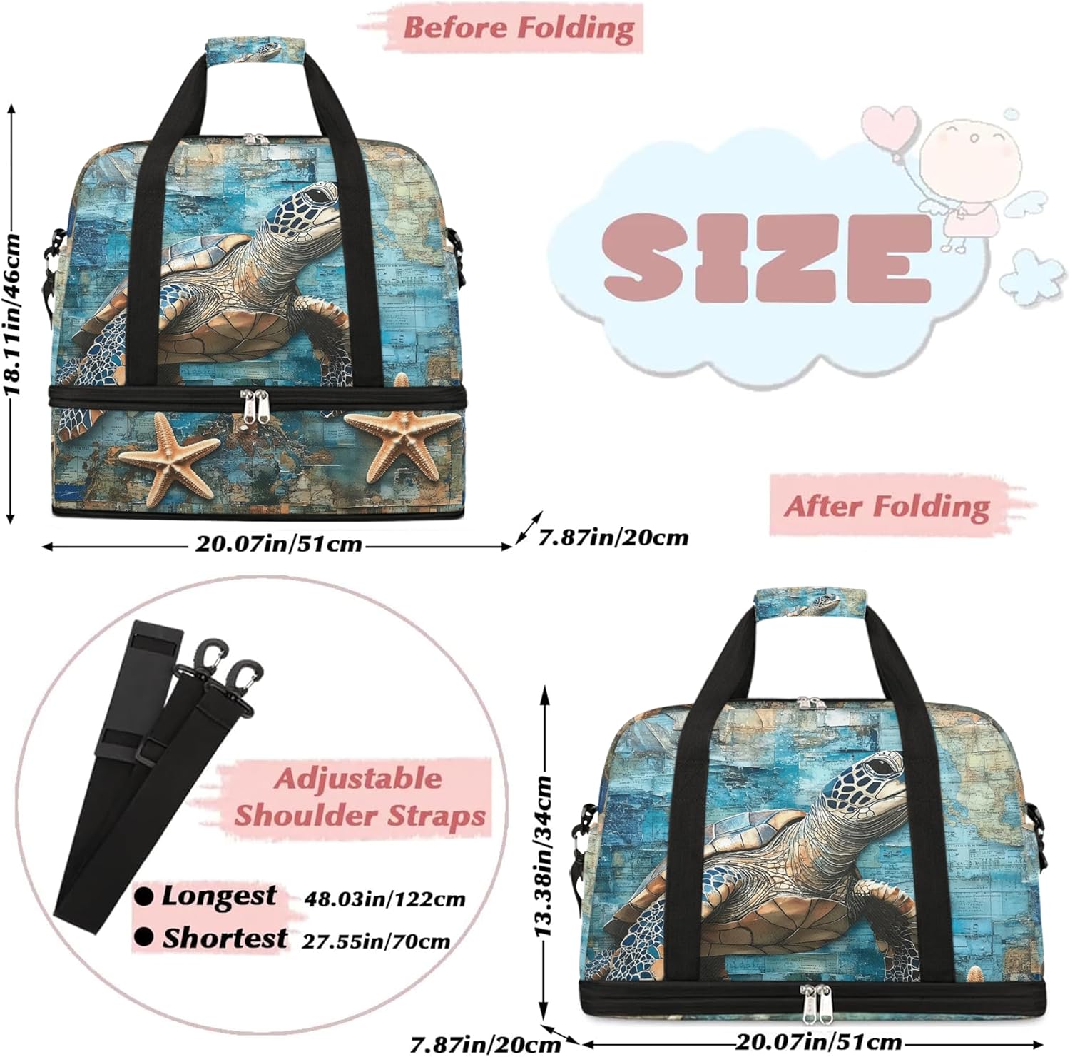 Foldable Travel Duffel Bag for Women - Carry on Personal Item Bag with Shoes Compartment, Weekender Overnight Duffle Bags Sport Tote Gym Luggage for Airplanes Traveling(Turtle) - Image 2