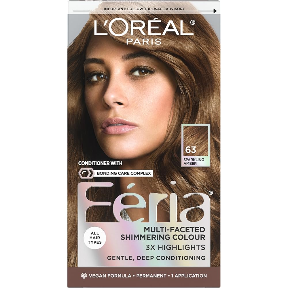 L\'Oreal Paris Feria Multi-Faceted Shimmering Permanent Hair Color, 63 Sparkling Amber (Light Golden Brown), Pack of 1 Hair Dye Kit