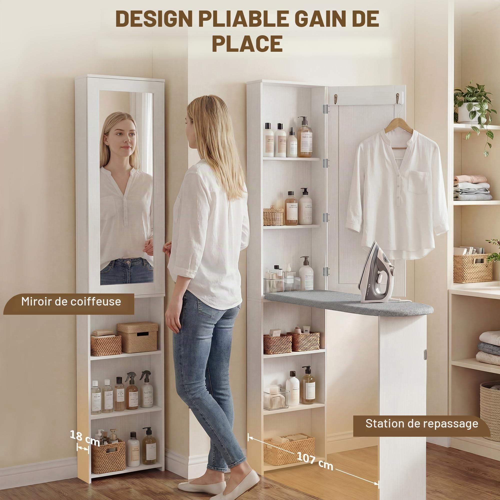 HOMCOM Table à repasser pliable peu encombrante avec miroir, meuble à repasser multifonction avec 6 compartiments, 2 crochets, pour buanderie, salle de bain, 107 x 35 x 174 cm, blanc