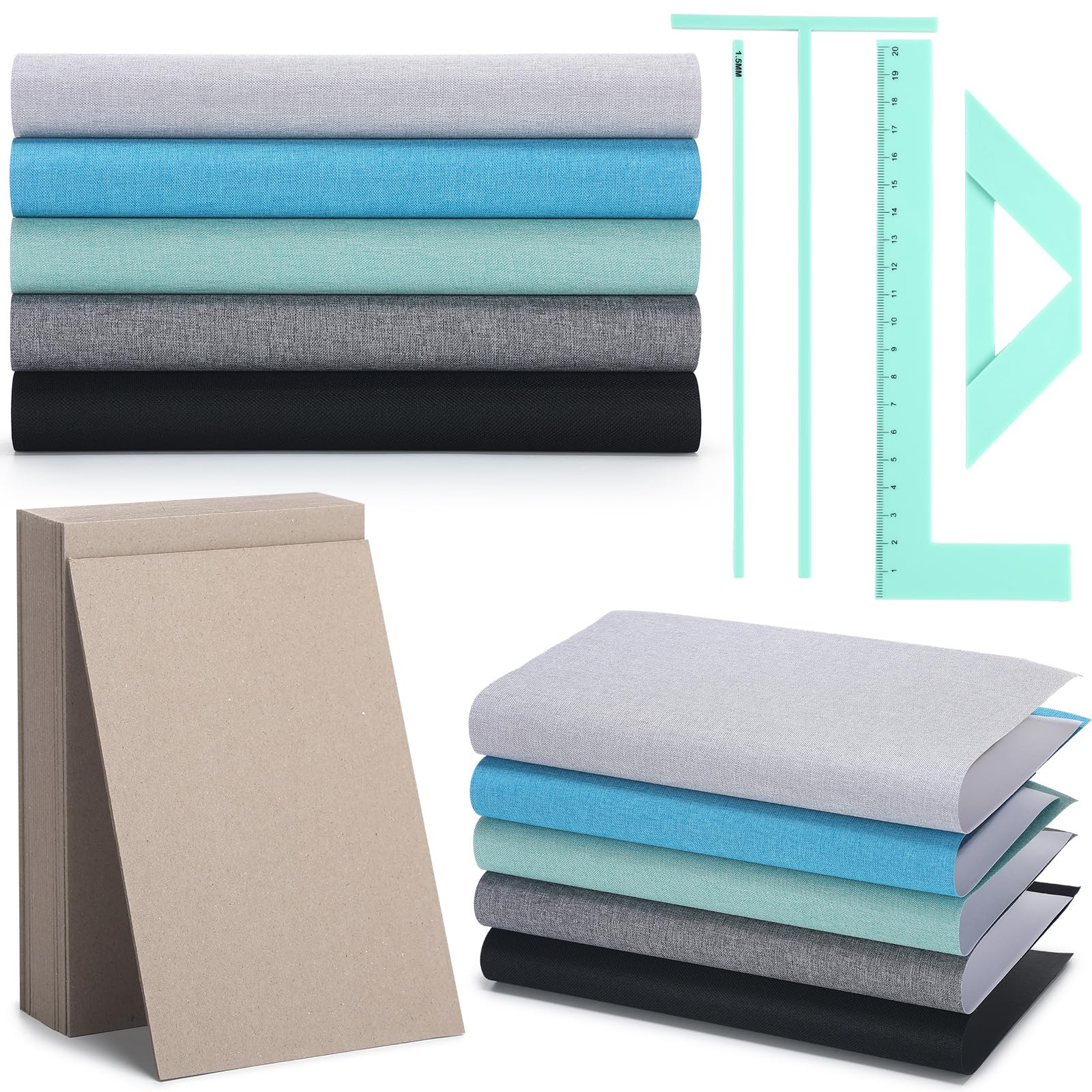 Fuyoooo Kit de 34 fundas de encuadernación de libros, 10 piezas de tela de libro de 14 x 12 pulgadas, 20 hojas de tablero de encuadernación, 4 herramientas de encuadernación para álbumes de recortes