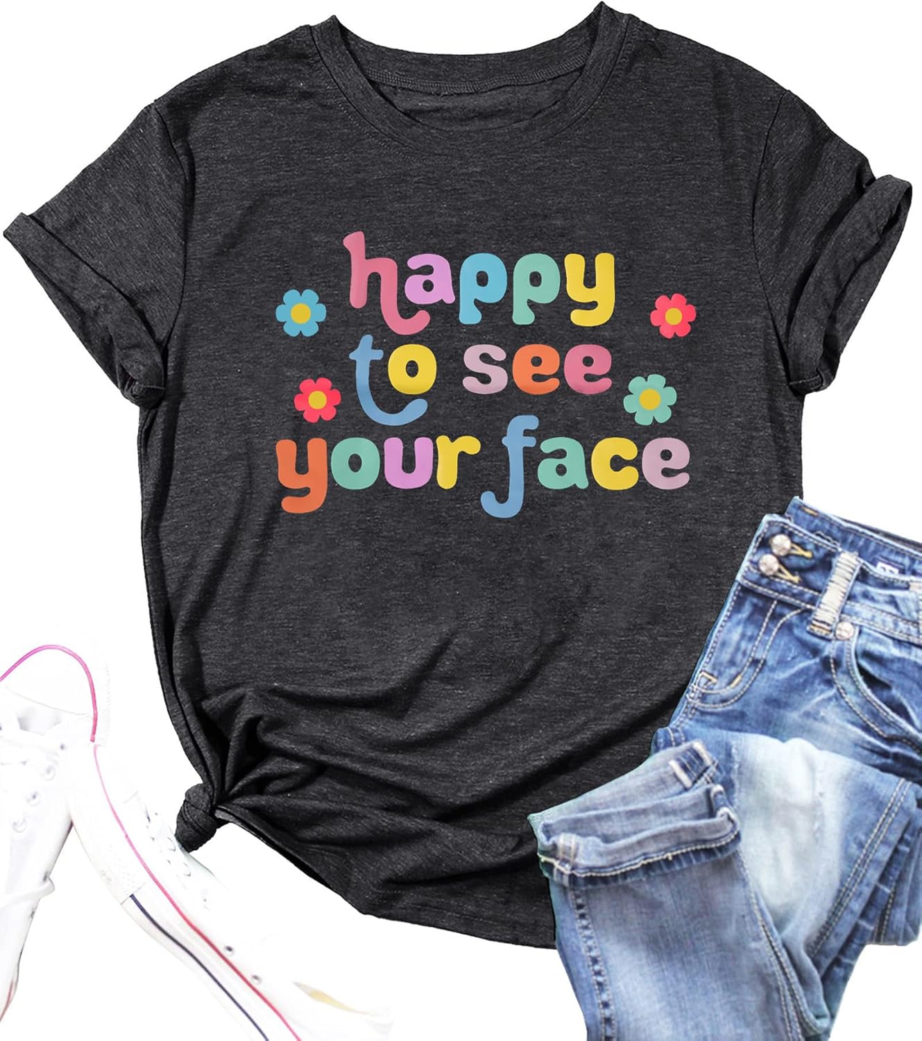 MOUSYA Teacher Shirt Women Happy to See Your Face Shirt Teacher Graphic Tees