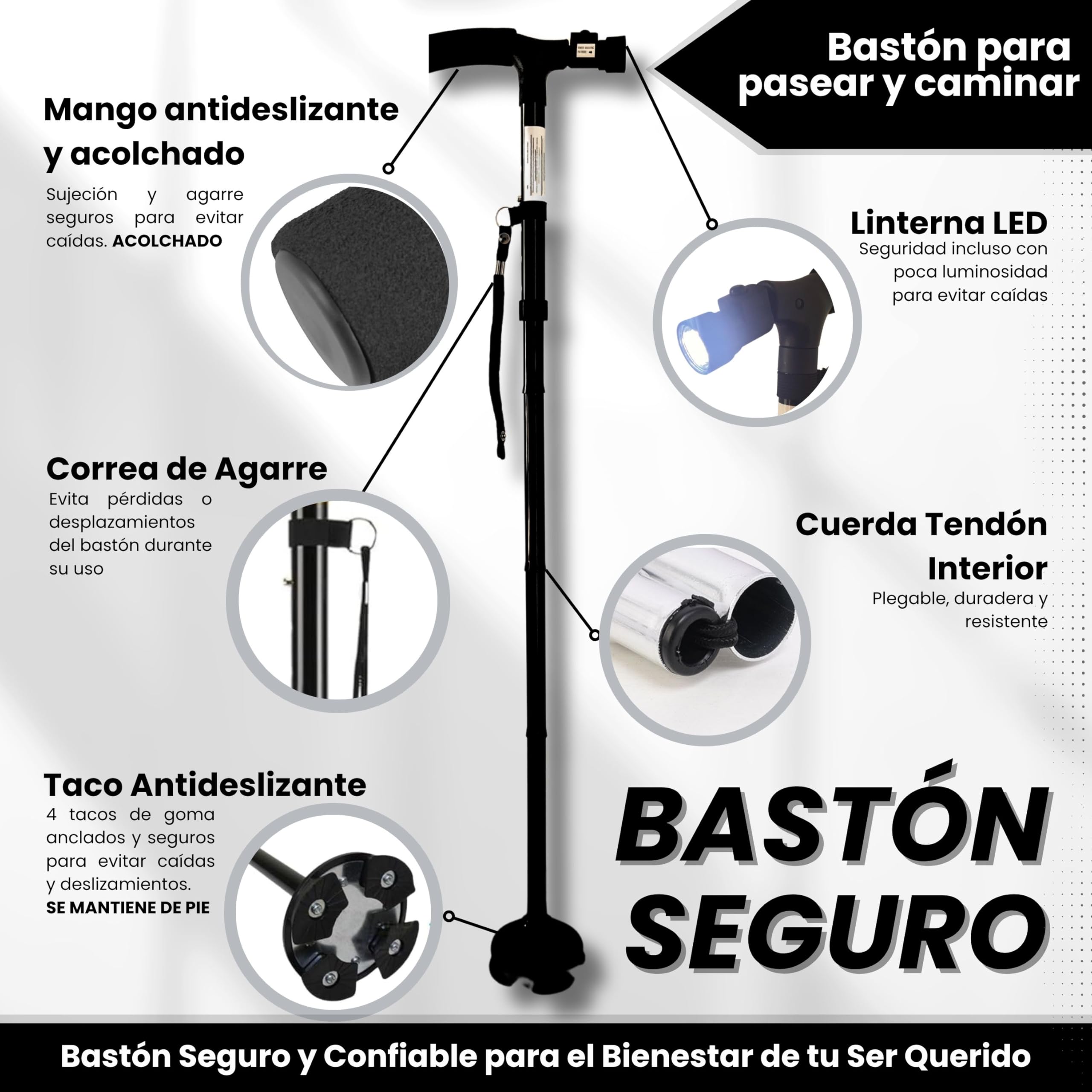 Bastón Plegable para Mayores con Luz LED | Extensible y Ajustable en Altura | Aluminio Ultraligero y Mango Acolchado | Base Antideslizante 4 Puntos | Seguridad Día y Noche | Evita Caídas
