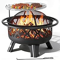 BaliOutdoors 30 Inch Portable Wood Burning Fire Pit with Grill Grate Spark Screen for Patio Backyard