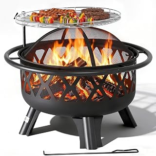 BaliOutdoors 30 Inch Portable Wood Burning Fire Pit with Grill Grate Spark Screen for Patio Backyard