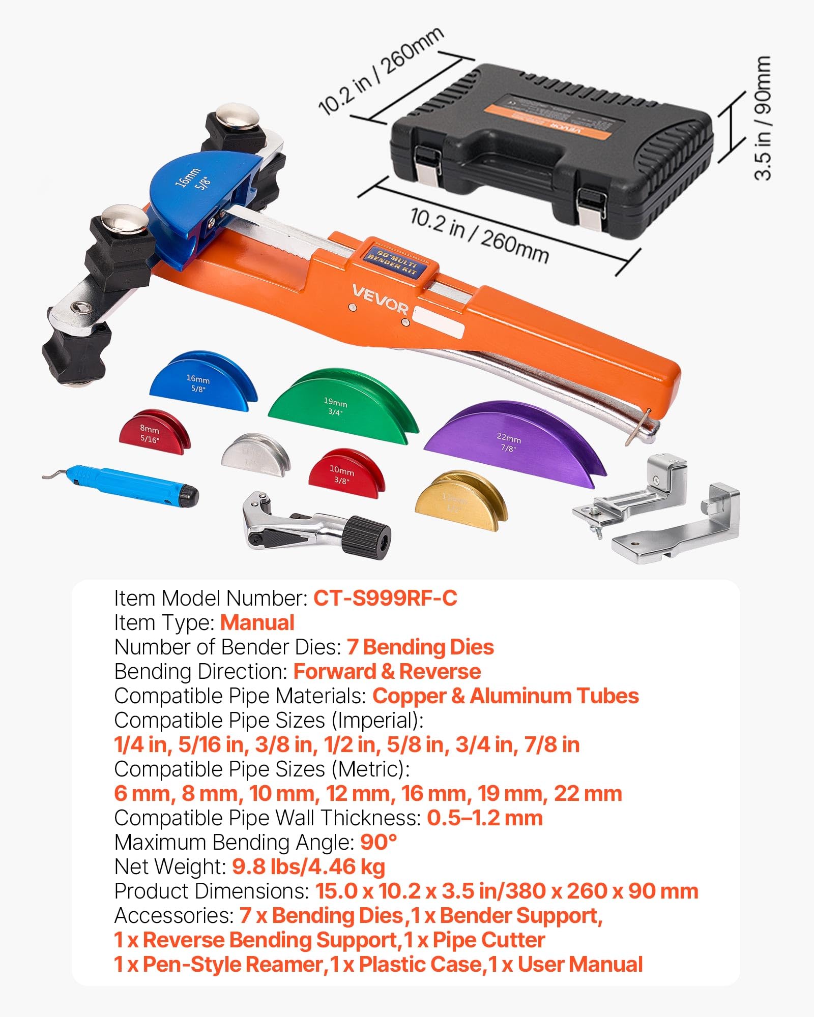 VEVOR Kit Piegatubi Manuale Pinza Compatto a Cricchetto Utensile per Piegatura Manuale Avanti/Indietro con Matrici in Lega di Alluminio per Tubi in Rame Alluminio Angolo di Piegatura max. 90°