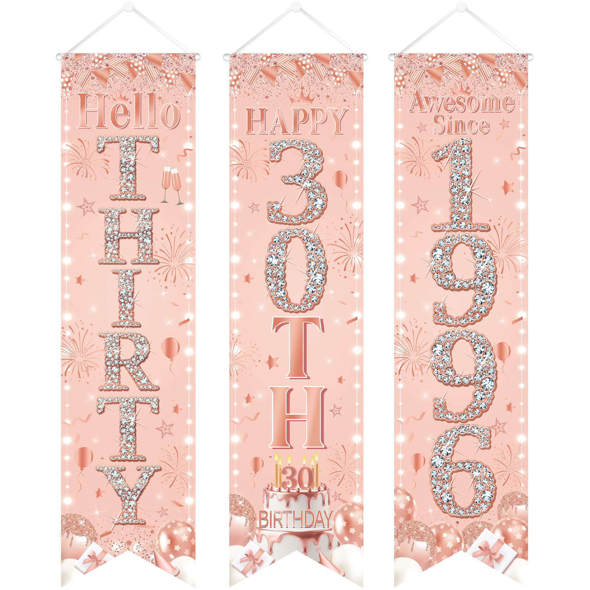 30th Birthday Door Banner Decorations - Rose Gold Hello Thirty Porch Signs 3.9x0.9ft, 3Pcs Cheers to 30 Years Awesome Since 1996 Hanging Banners for 30th Birthday Party Decor