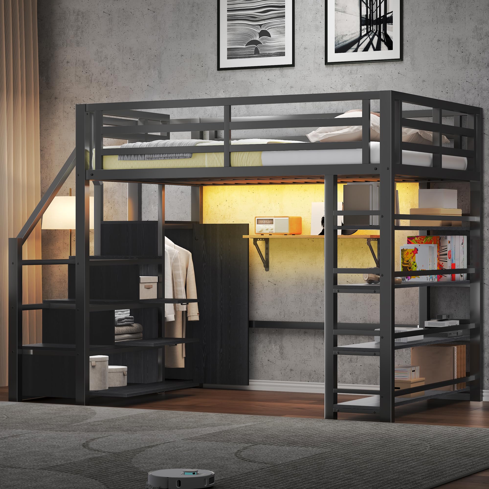 BTM Jugendbett 140 x 200 cm Metall LED Hochbett mit Schreibtisch und Schrank, Kinder Hochbett mit Treppe, Schwarz