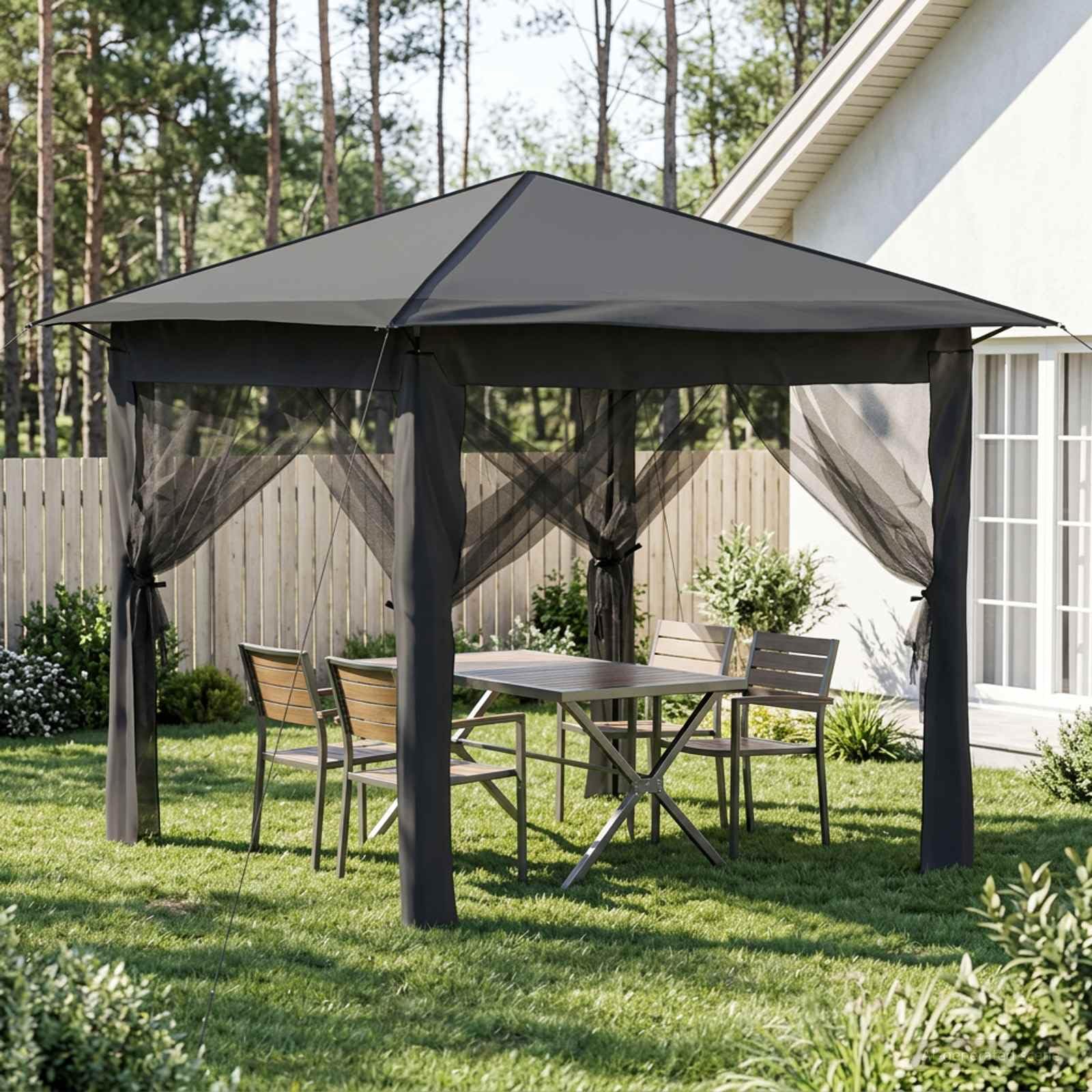 Gazebo namiot ogrodowy 2,6 x 2,6 m z 4 ściankami bocznymi w kolorze jasnoszarym, antracytowym, odporny na warunki atmosferyczne pawilon poliestrowy z regulacją wysokości, ochrona przed