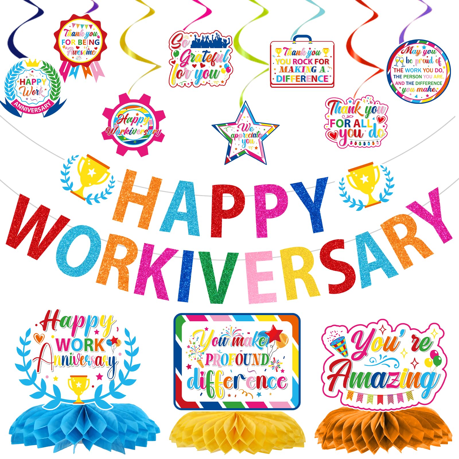 Happy Work Anniversary Party Decorations - 13 Pcs Eiapadeor Happy Workiversary Banners，Colorful Hanging Swirls, Honeycomb Centerpieces, Anniversary Party Decor for Office Worker Appreciation Supplies