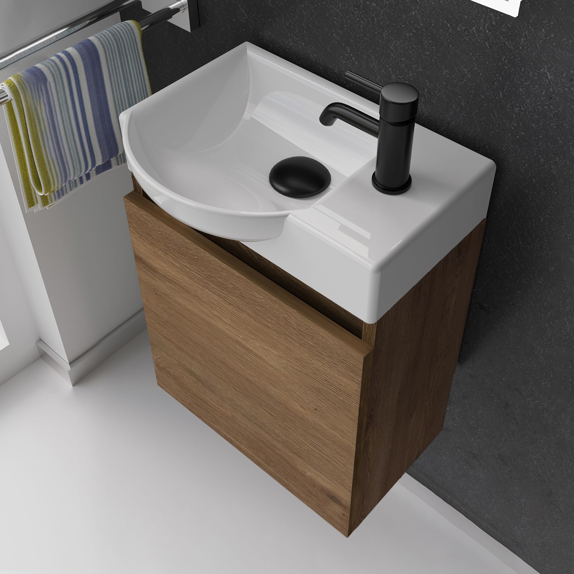 Alpenberger Gäste WC Waschbecken mit Unterschrank | Kleines Badmöbel 45 cm Breit | Waschtisch mit Waschbeckenunterschrank (Eiche, Waschbecken - Linke Seite)
