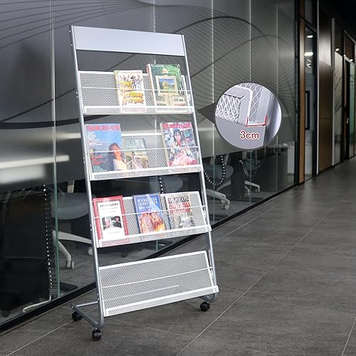 Miniatura 6 de Revistero de hierro de 4 capas con ruedas, estante de periódicos, estante de exhibición, plata (63)