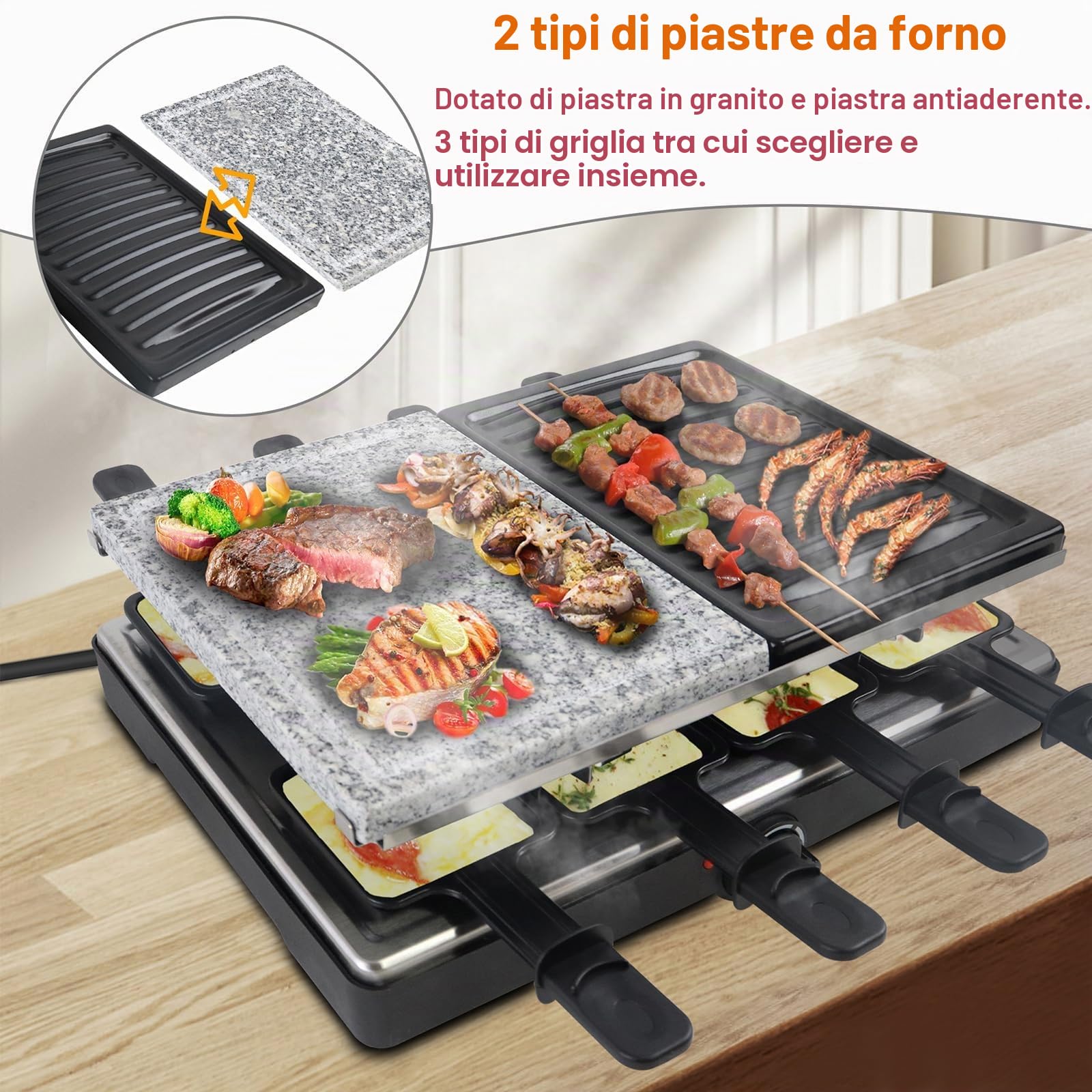 UISEBRT Griglia per raclette per 8 persone, 1400 W, con piastra in granito e piastra per barbecue, rivestimento antiaderente elettrico, set da tavolo per feste, campeggio, Natale
