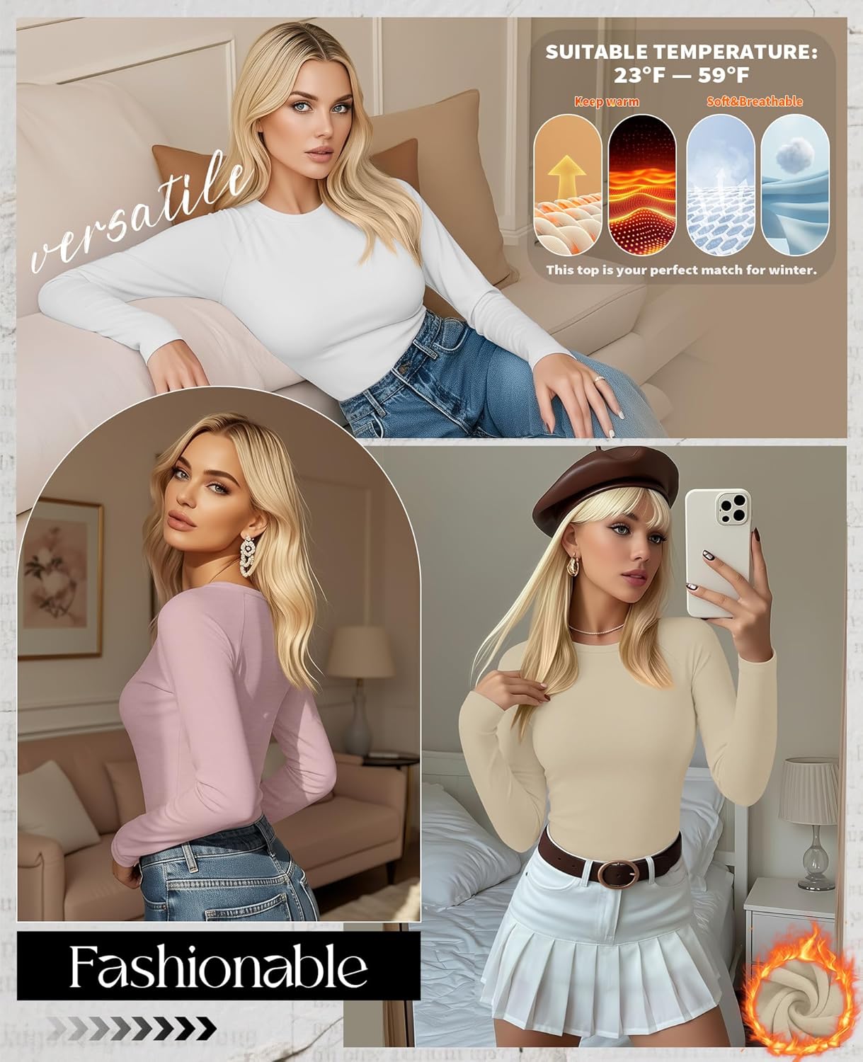 3 Pack Women's Thermal Shirts Fleece Lined Long Sleeve Top Crew Neck Raglan Thermal Winter Base Layer Undershirts - Image 2