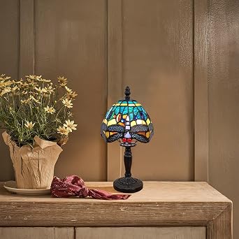 Fine Art Lighting Tiffany Style Mini Table Lamp Dragonfly Design, Handcrafted Stained Glass (6 D x 12.5 H)