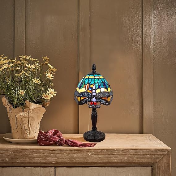 Fine Art Lighting Tiffany Style Mini Table Lamp Dragonfly Design, Handcrafted Stained Glass (6 D x 12.5 H)