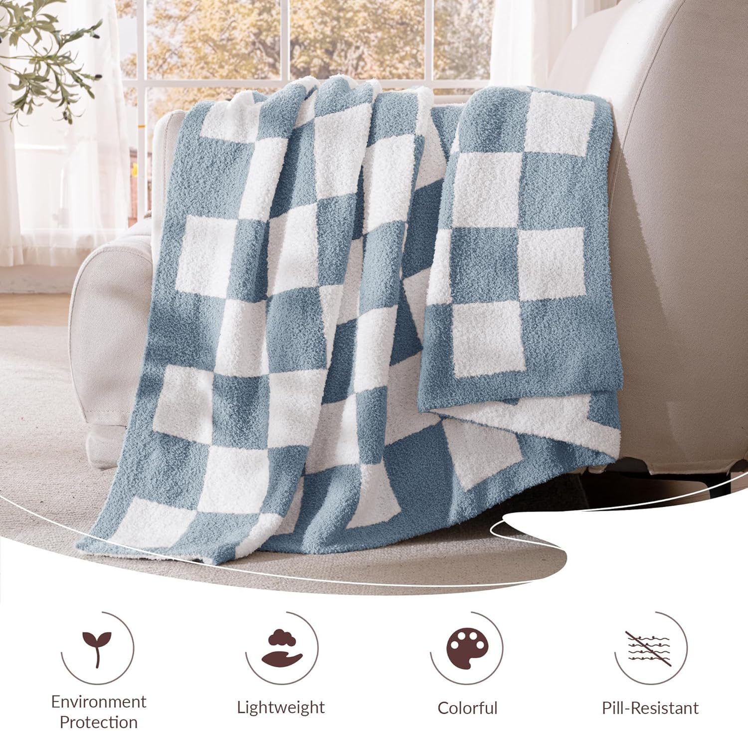 Exclusivo Mezcla Checkered Knit Throw Blanket, Ultra Soft and Warm Reversible Woven Blankets, Cozy Snuggly Throw for Couch Bed and Home Decor, Stone Blue, 50"x60" - Image 3