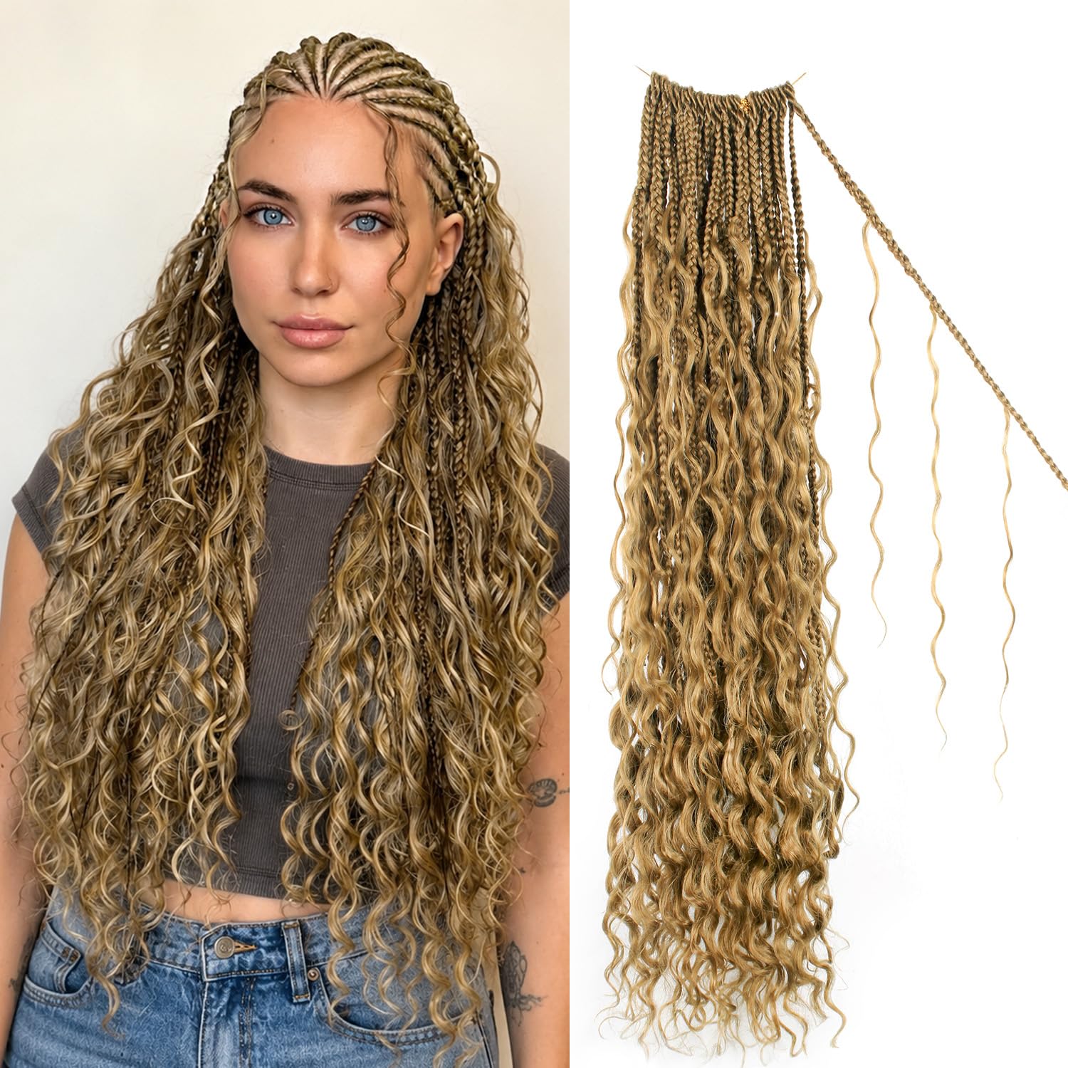 Photo 1 of Boho Crochet Braids Pure Protein Fiber Close to Human Hair 30 Inch Single Braid with 3 Curly Sections Goddess Box Braids with Soft Curls Bohemian Braids Crochet Hair for Black Women (30Inch #27)