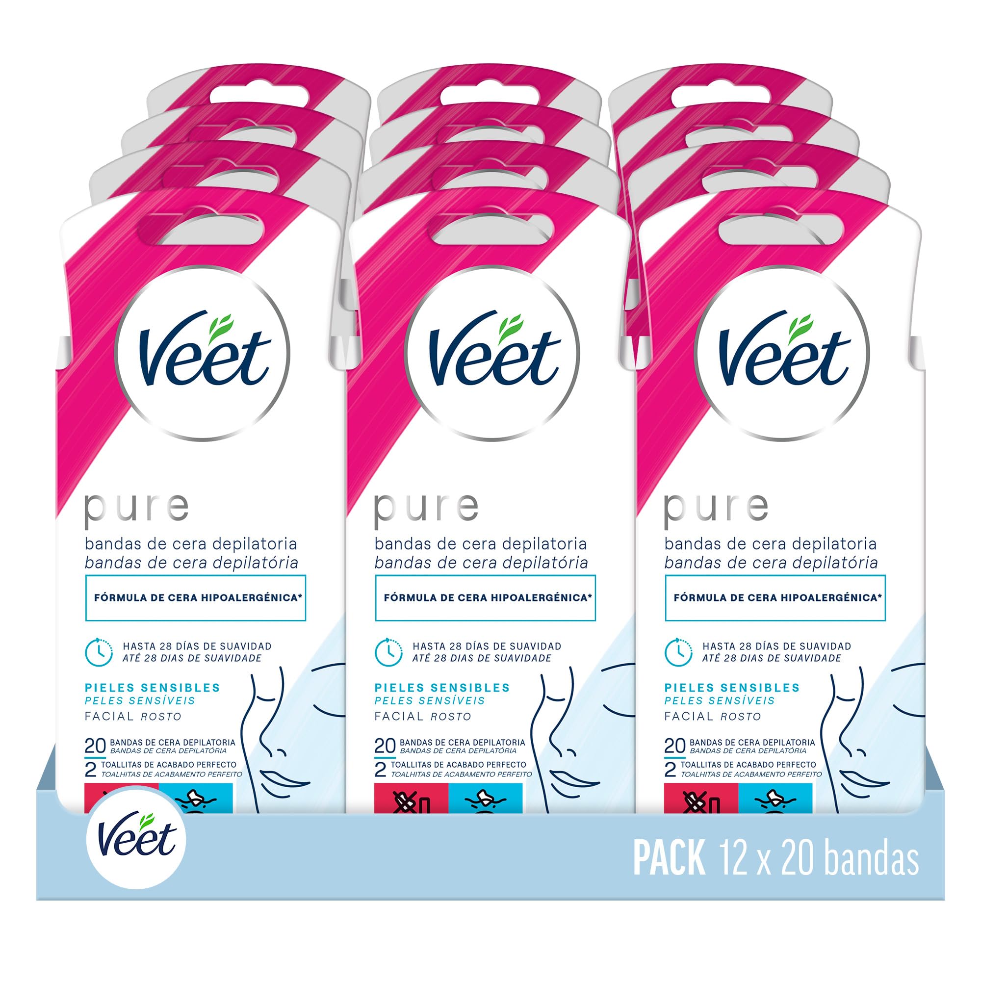 Veet bandas de cera depilatoria facial 12 cajas de 20 uds, para piel Sensible (240 uds en total)