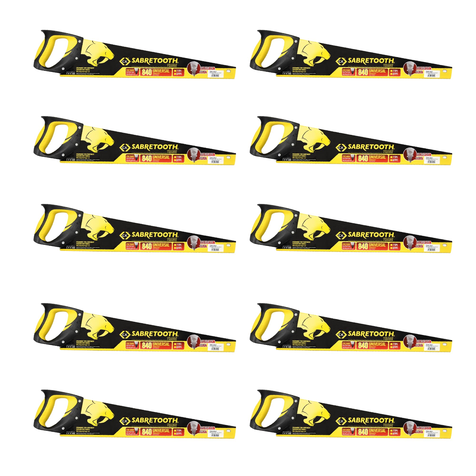 C.K Tools Jeu de Scies Égoïne Sabretooth Trade 10 Pièces, Scie Universelle Bois, Dents Triple Affûtage, Lame SK5 500 mm 20 Pouces, Poignée Confort, Coupe Longitudinale Transversale CK T0840 20