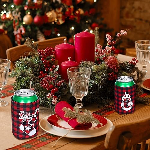 Miniatura 5 de Whaline 12 fundas para enfriar latas de cerveza de Navidad, color rojo, verde, negro, a cuadros, para bebidas, botellas, suministros de decoración