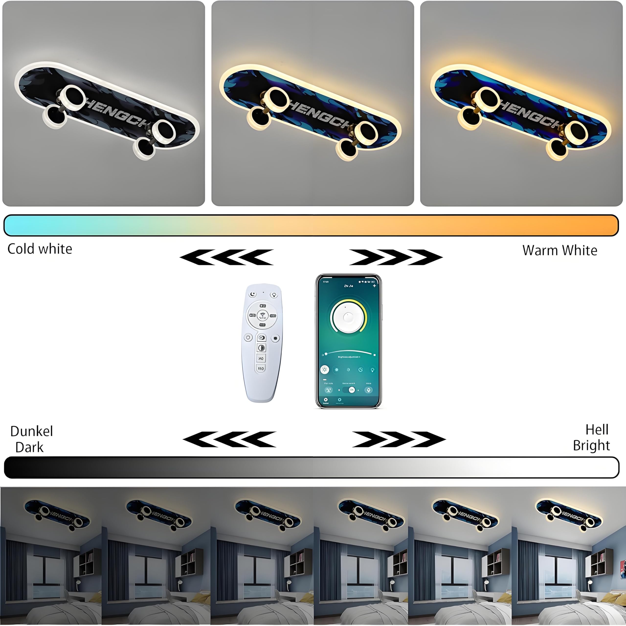 LED Deckenleuchte - Kinderzimmer Lampe Decke Dimmbar mit Fernbedienung & APP, RGB Farbwechsel Kinder Deckenlampe, Kreative Skateboard Leuchte für Deko Junge/Mädchen Schlafzimmer, 32W, L60CM