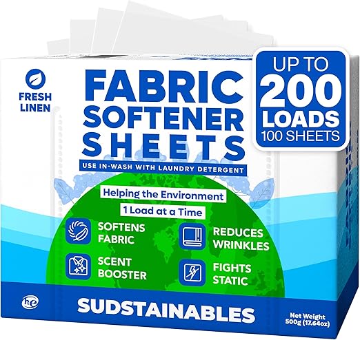 Sudstainables Fabric Softener Sheets for Washer – Eco-Friendly Laundry Softener Sheets for Washing Machines, Scented (200 loads)