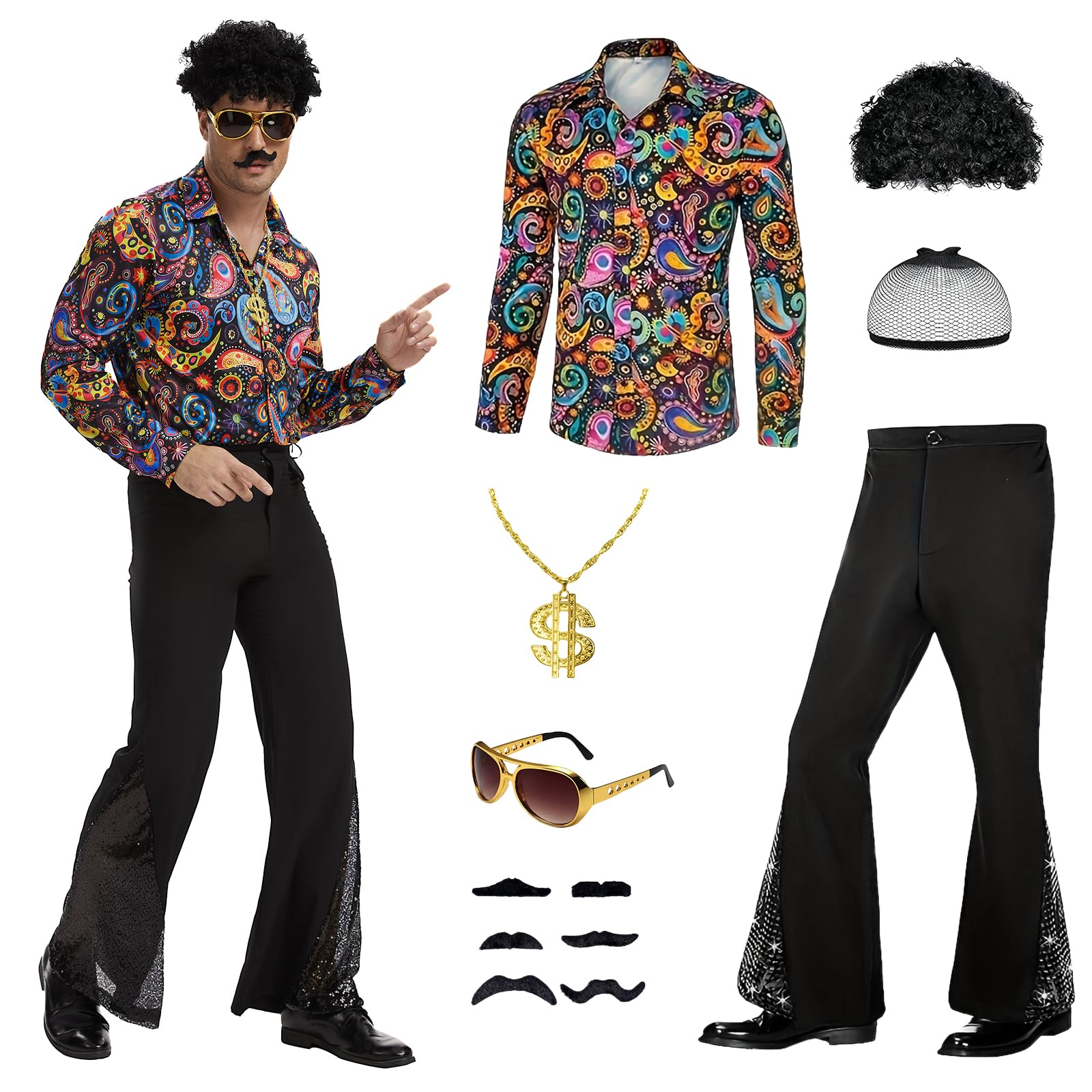 JDFAIJEAL Disco Kostüm-Set für Herren - Retro 70er-80er Jahre Stil mit Paillettenhemd, Schlaghose, Afro-Perücke, Halskette, Sonnenbrille & Bartaufkleber (Bunt, S)