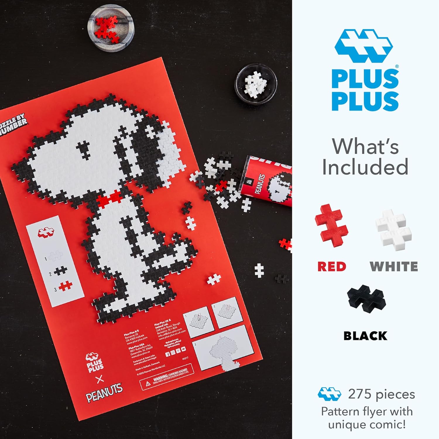 Plus Plus Puzzle By Number, 275 Piece Interlocking Mini Building Blocks, 2D Puzzle Stem Toy For Kids, Peanuts Merchandise - Snoopy