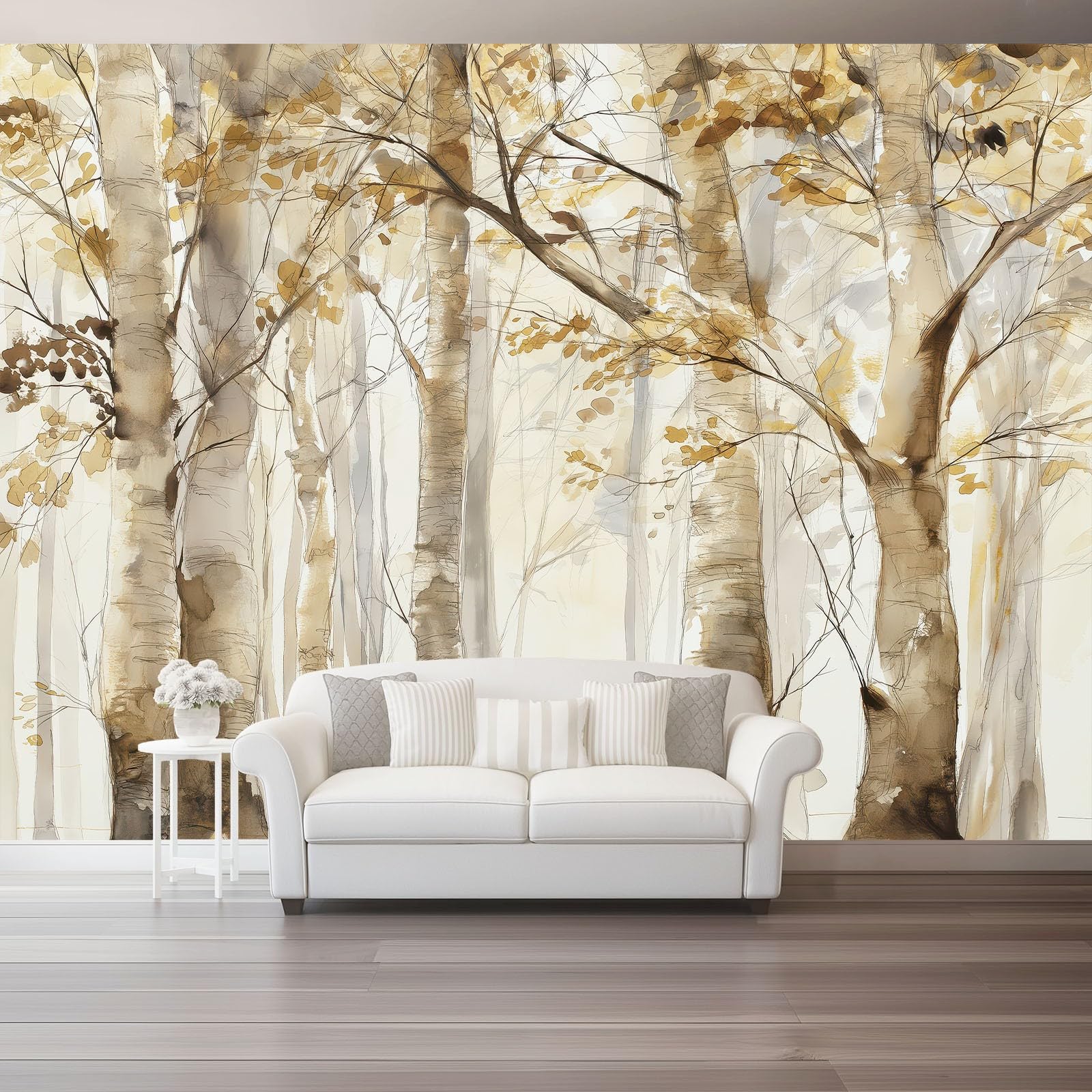 Carta da Parati Non Tessuta 300 x 210 cm（WxH, Bosco Di Betulle Acquerello Stampa Carta da Parati per Decorazione Murale - Beige Mural per Pareti Della Camera da Letto Soggiorno